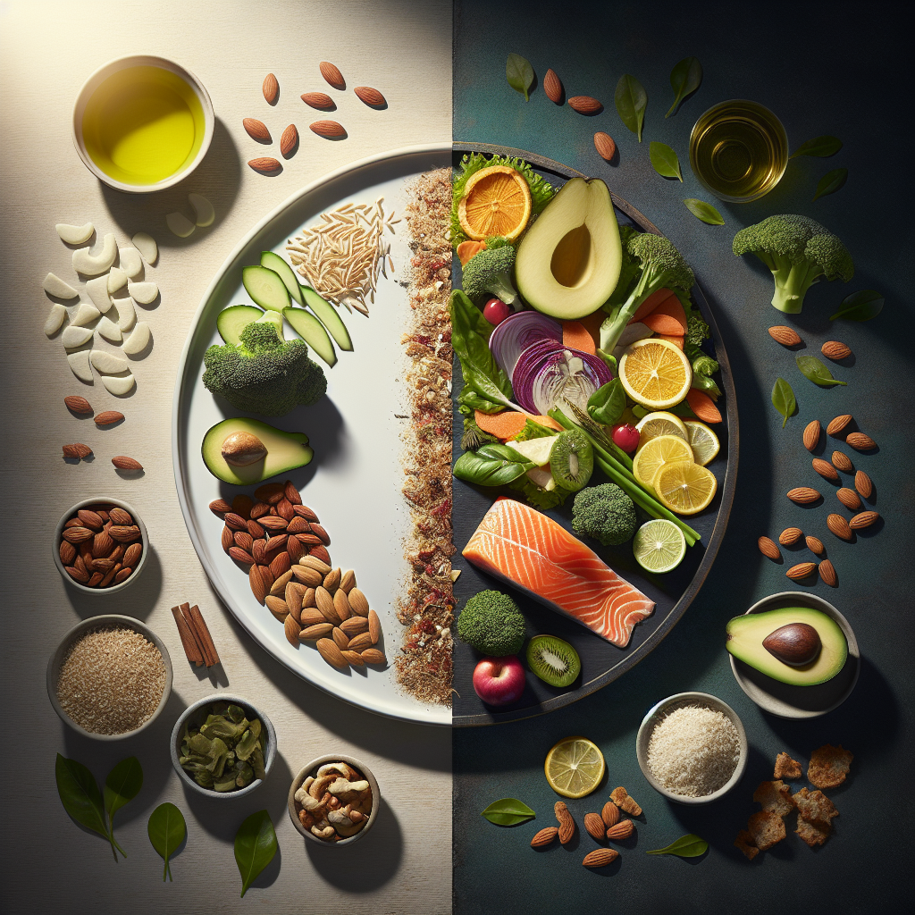 A vibrant, high-definition still life image illustrating healthy weight loss through balanced nutrition. On one side, represent the 'no-fat' myth with a bland, unappealing plate featuring only plain, dry, fat-free foods. On the other side, depict the healthy reality: a colorful array of fresh vegetables, whole grains, and prominent sources of healthy fats like sliced avocado, a handful of almonds, a drizzle of olive oil, and a piece of grilled salmon. The composition should convey balance, vitality, and health, with soft, natural lighting and a clean background.