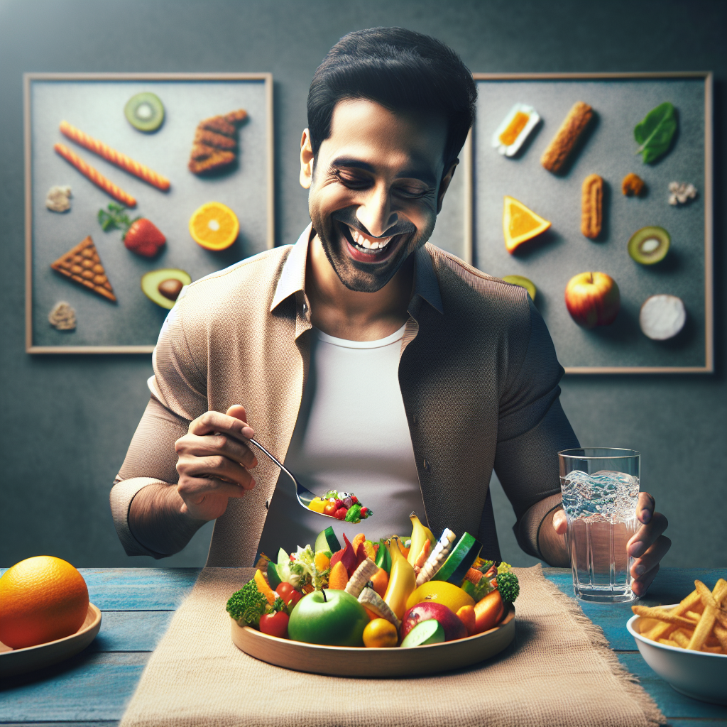 A vibrant and positive image illustrating healthy eating and weight loss. A person is happily preparing or enjoying a plate filled with colorful, fresh fruits and crisp vegetables, perhaps with a glass of water or infused water. In the background, subtly blurred and out of focus, are faint representations of sugary snacks, processed foods, and fatty fried items, symbolizing their reduction. The overall atmosphere is bright, clean, and energetic, conveying health, vitality, and sustainable well-being, not deprivation. Realistic, healthy lifestyle photography.