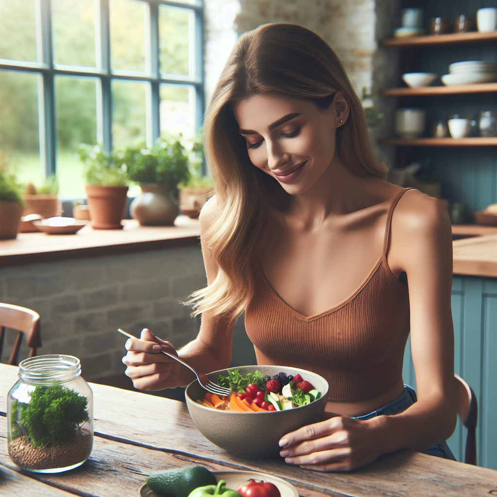 A person looking healthy and happy, casually enjoying a wholesome, vibrant meal at a home kitchen table, with no gym equipment in sight. The background suggests a normal, relaxed home environment, perhaps with a window showing a peaceful outdoor scene. Emphasize the ease and naturalness of losing weight through diet and gentle daily activity, rather than intense exercise. Bright, inviting, and clean style.