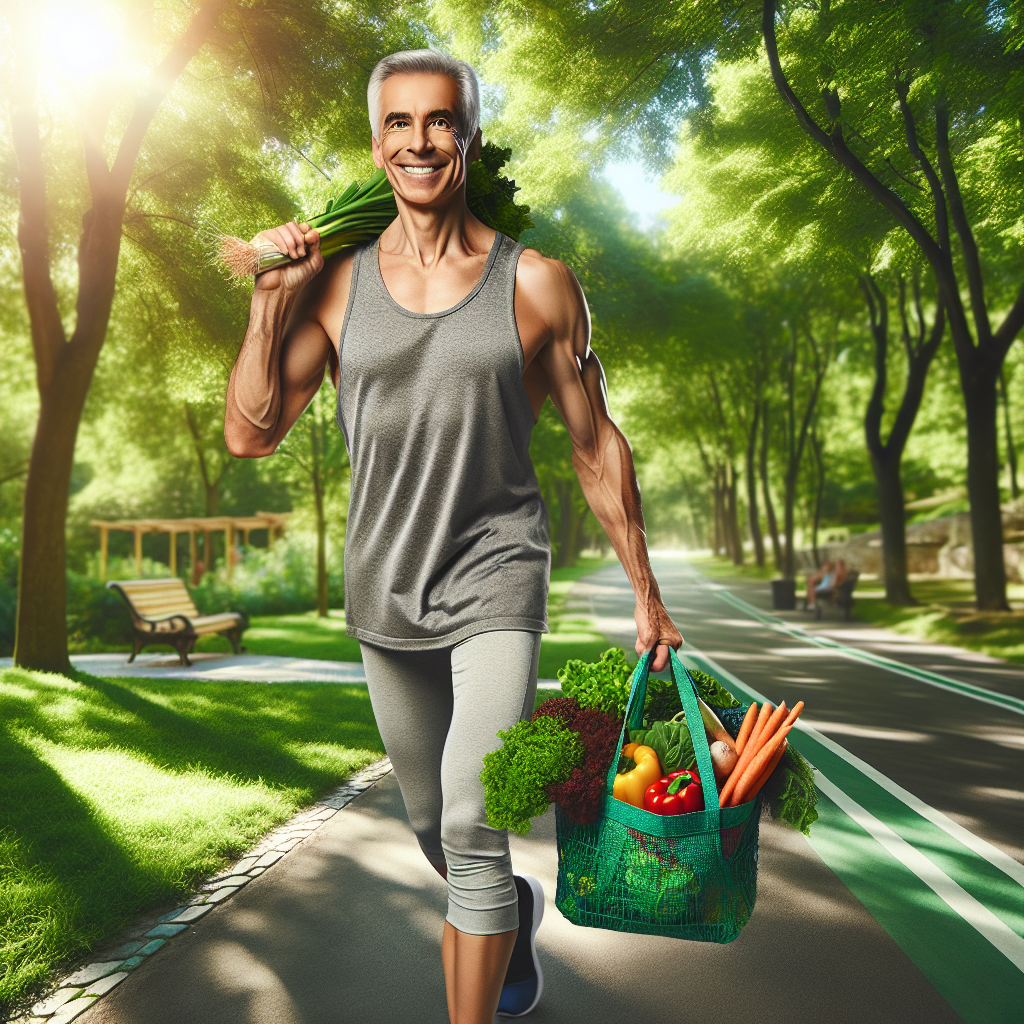 A fit and smiling person in their 30s, wearing comfortable activewear, walking briskly through a sunny, green park with trees and paths. They carry a small reusable bag filled with colorful fresh vegetables. The scene is bright and natural, clearly showing an active and healthy lifestyle achieved outdoors and through good nutrition, entirely without any gym equipment or indoor settings. Realistic photography, warm tones.