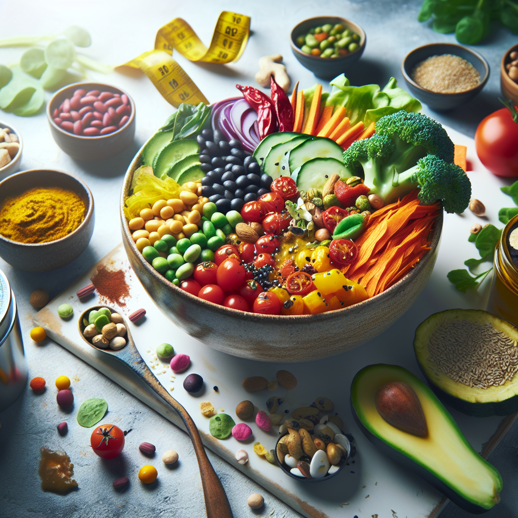 A vibrant and appealing flat lay photo of a diverse, colorful plant-based meal, such as a large salad, a Buddha bowl, or a vegetable curry, rich in fresh vegetables, legumes, whole grains, and healthy fats. No meat or processed foods are visible. The setting is bright and clean, with a subtle hint of a measuring tape or a small weight scale in the background, symbolizing healthy and effective weight loss. Emphasize health, lightness, and deliciousness.