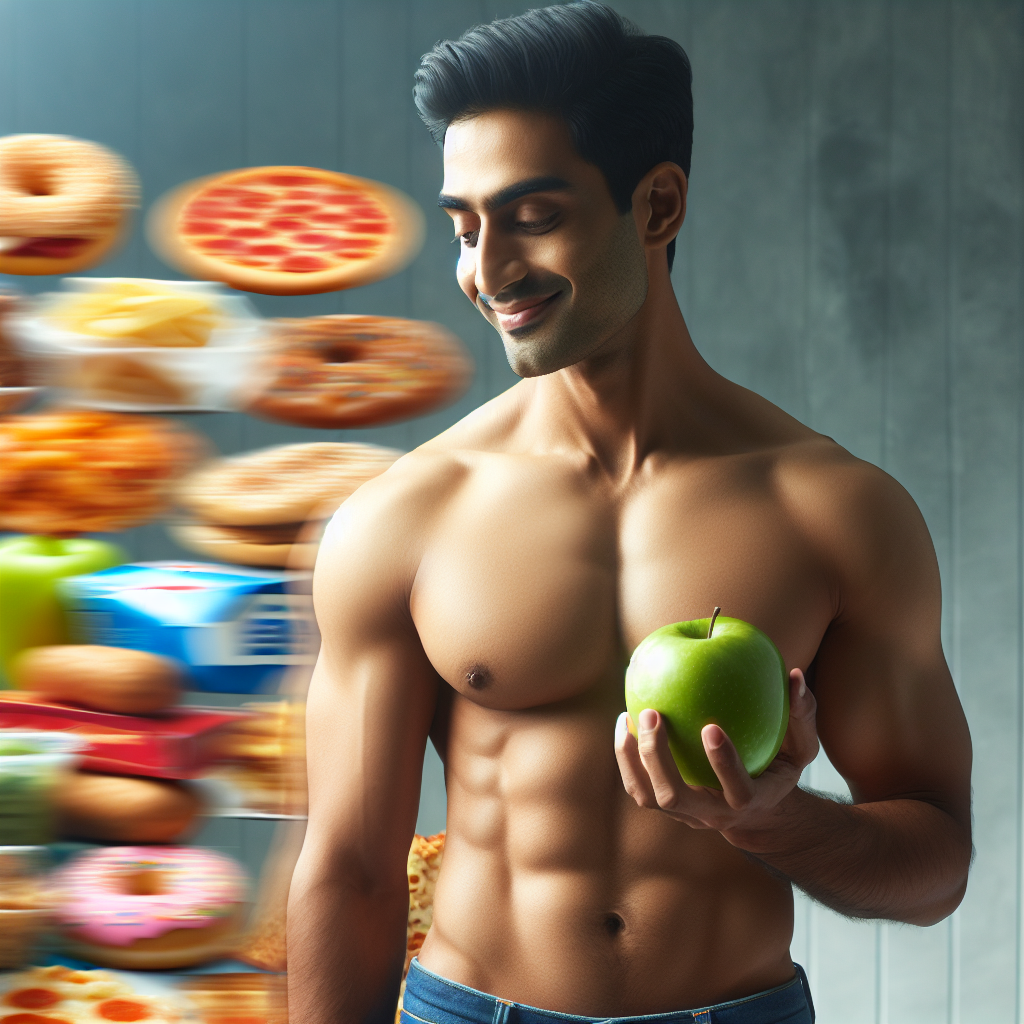 A serene and confident person smiling gently while holding a single fresh apple, with a blurred, tempting pile of junk food (like pizza, donuts, and chips) softly fading into the background, clearly being ignored. The person looks healthy and lean, with an aura of peaceful control and well-being, emphasizing sustainable weight loss without hunger pangs or cravings. Bright, clean, optimistic lighting, lifestyle photography.