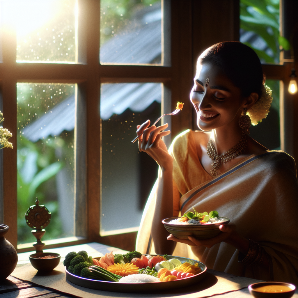A person with a serene and happy expression, gently enjoying a diverse plate of colorful, healthy food in a bright, relaxed setting, possibly outdoors or by a window. The atmosphere is calm and inviting, emphasizing well-being, balance, and enjoyment rather than deprivation or struggle. Soft, natural light, realistic photo style. The scene evokes 'weight loss without frustration' and sustainable habits.