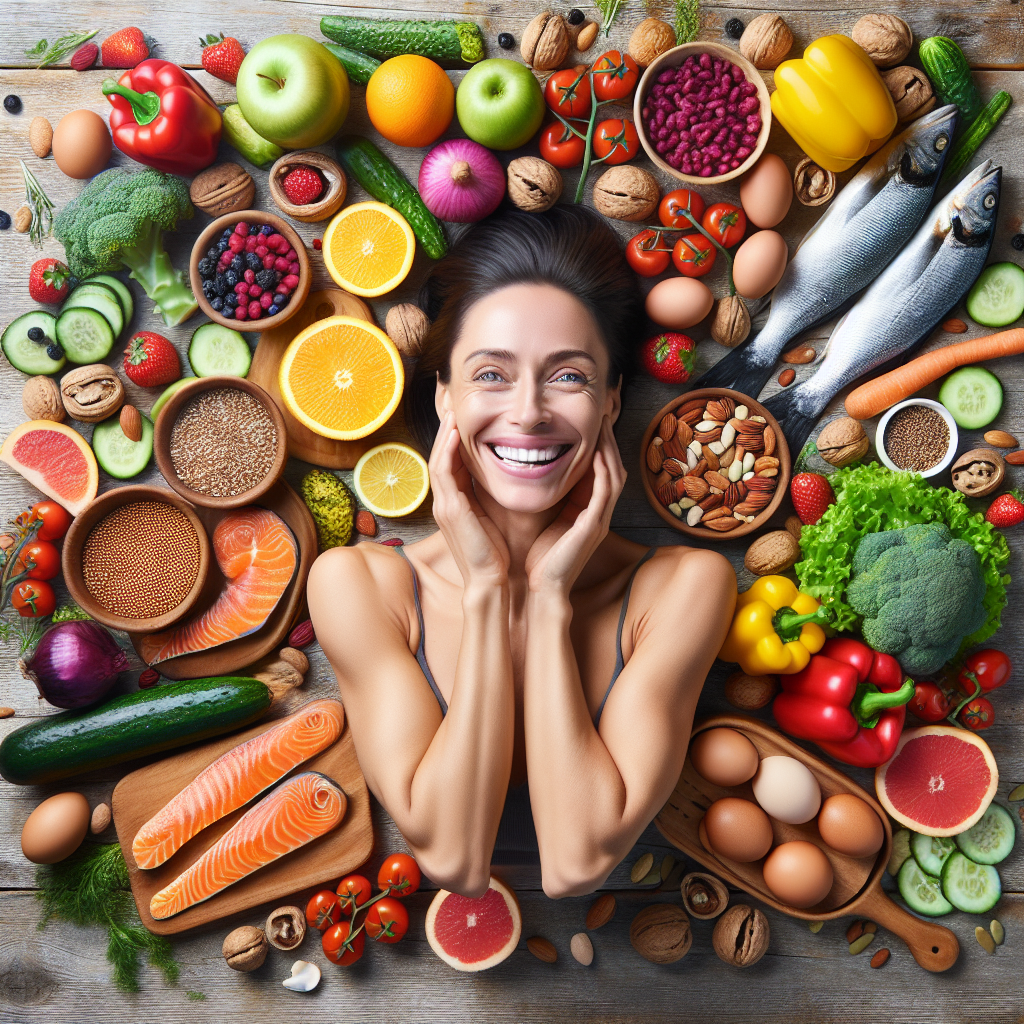 A joyful and energetic person with a radiant smile, looking healthy and light. They are surrounded by a vibrant and appealing display of fresh, whole, grain-free foods: colorful vegetables, ripe fruits, lean grilled fish or chicken, eggs, nuts, and seeds, artfully arranged on a clean, rustic wooden surface. The image should evoke feelings of well-being, natural eating, and the ease of a diet free from traditional bread and pasta. Photorealistic, bright, and inviting with natural light, high-resolution.