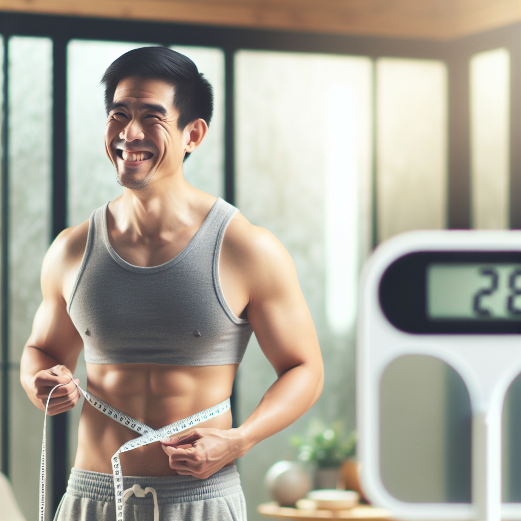 A fit and confident person, smiling while measuring their waist with a tape measure, looking satisfied. In the background, slightly out of focus, a digital bathroom scale displays a number that appears unchanged or even slightly higher, emphasizing that body composition and well-being are more important than just weight. The scene should be bright, positive, and show a modern, clean aesthetic, with soft natural light.