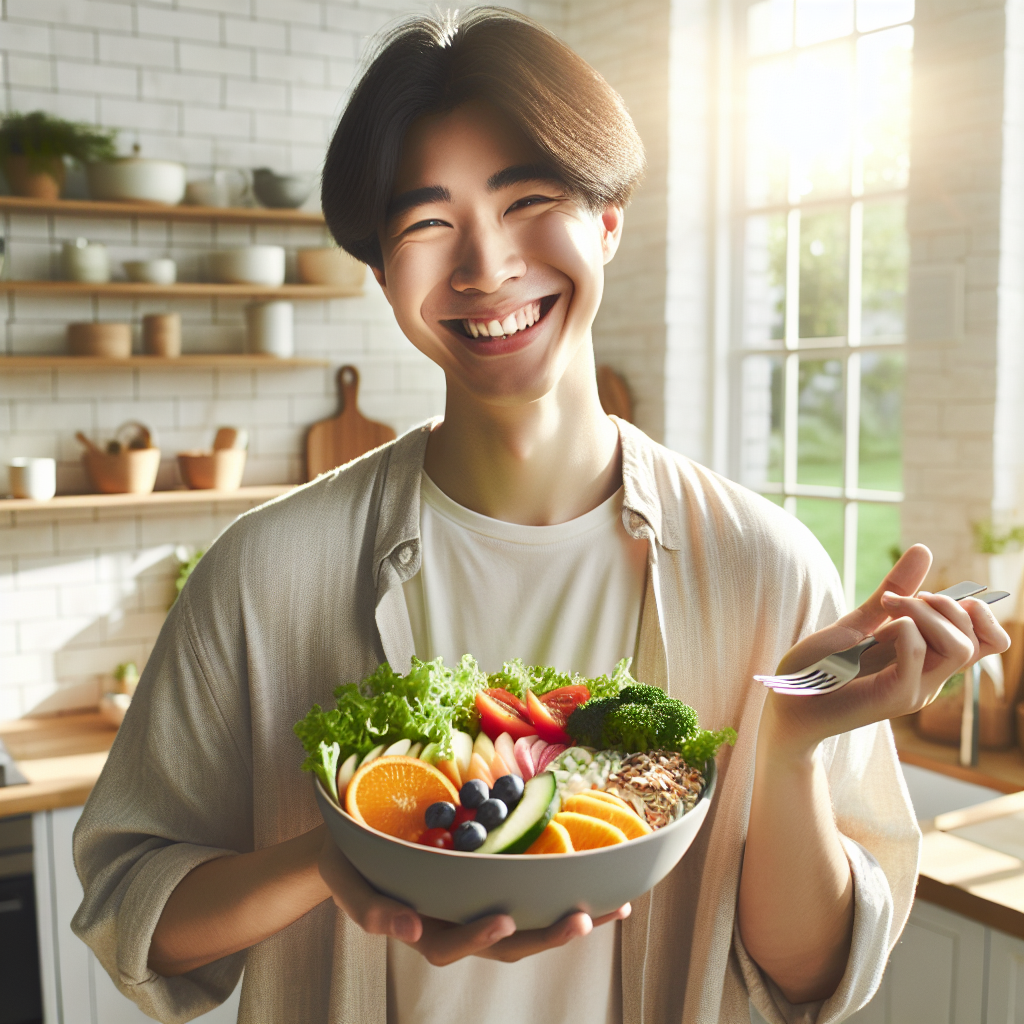 A vibrant and uplifting image depicting a person (gender-neutral) looking genuinely happy and satisfied while holding a plate with a colorful, balanced, and healthy meal, such as a salad with fresh vegetables, fruits, whole grains, and a lean protein source. The person is relaxed, smiling, and appears to be enjoying the food without any signs of deprivation or struggle. The setting is bright and inviting, perhaps a modern kitchen or a sunny outdoor patio, conveying a sense of effortless well-being, sustainable healthy eating, and freedom from cravings. Soft, natural lighting and a clean, appealing aesthetic. Realistic, high-quality photograph.