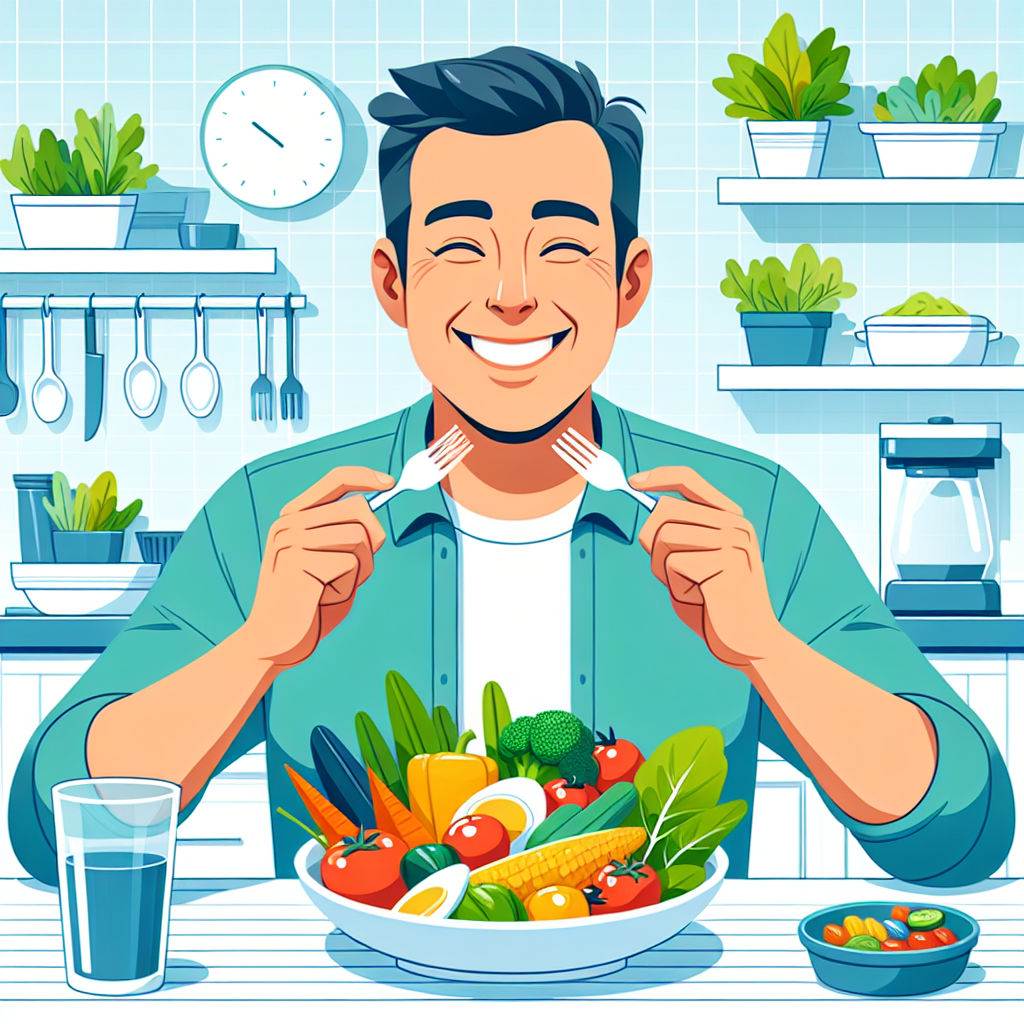 A happy and energetic person (representing Benni), smiling contentedly while enjoying a vibrant, healthy, and satisfying meal with colorful vegetables, lean protein, and whole grains. The scene conveys a sense of fullness, well-being, and freedom from hunger, set in a bright, inviting kitchen or dining environment. Modern, optimistic blog illustration style.