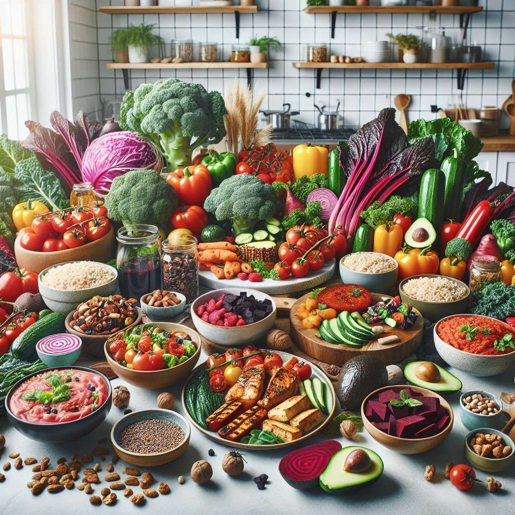 A vibrant and artfully arranged healthy meal spread, featuring a variety of colorful vegetables, lean proteins, complex carbohydrates, and healthy fats. The food looks delicious, satisfying, and abundant, evoking a feeling of wellness and effortless weight loss without hunger. Bright, natural lighting in a modern kitchen setting, inviting and inspiring.