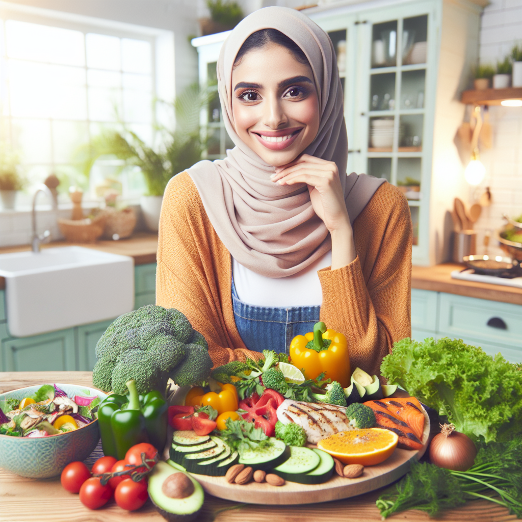 A vibrant, inviting image of a happy, energetic person, possibly with a slight smile of contentment, standing in a bright kitchen or near a table filled with delicious, healthy low-carb foods. The table should feature colorful fresh vegetables (like broccoli, bell peppers, leafy greens), lean protein (grilled chicken, fish, eggs), and healthy fats (avocado, nuts). The overall mood should convey well-being, satisfaction, and the ease of 'abnehmen ohne hunger' (losing weight without hunger).