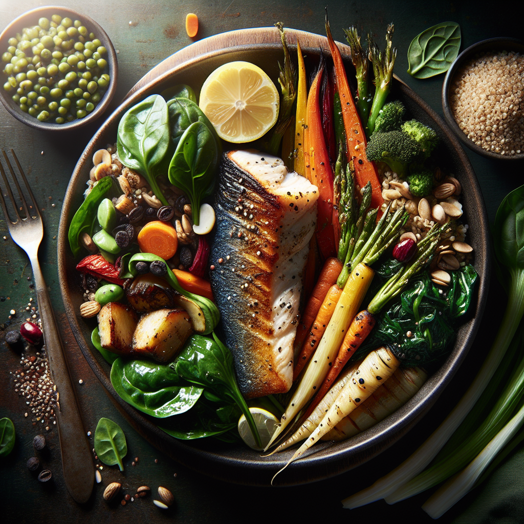 A beautifully arranged close-up shot of a healthy, satiating meal: a grilled fish or plant-based protein fillet, a generous portion of roasted root vegetables and leafy greens, and a small serving of quinoa or lentils. Emphasize fresh ingredients, vibrant colors, and appealing textures, suggesting deliciousness and fullness. Food photography style, bright studio lighting.