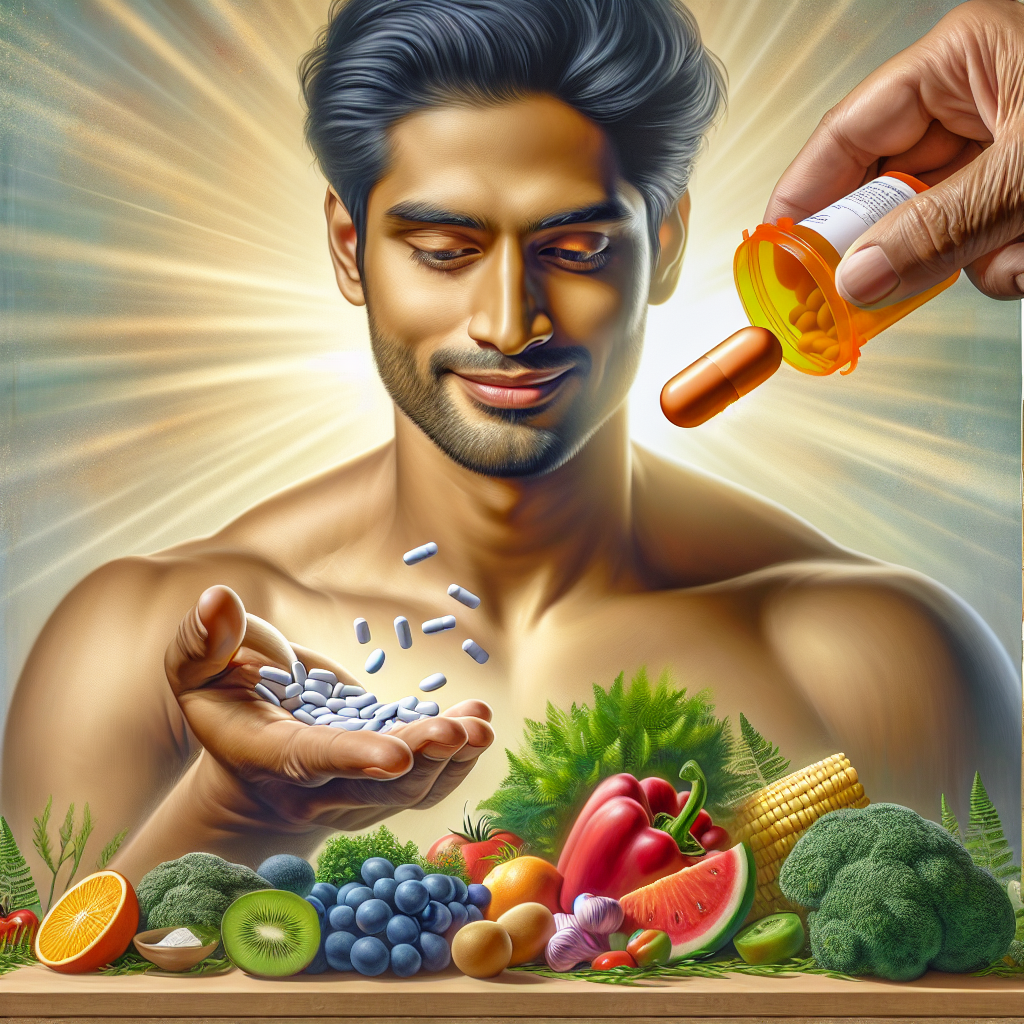 A person with a serene, satisfied expression, gently pushing away a blurred or small, out-of-focus pill bottle with one hand, while holding a vibrant, balanced plate of healthy, fresh food (fruits, vegetables, lean protein) with the other. The background is bright and clean, evoking a sense of well-being and natural health. The overall mood should be positive and empowering, emphasizing sustainable choices. High quality, realistic photo.
