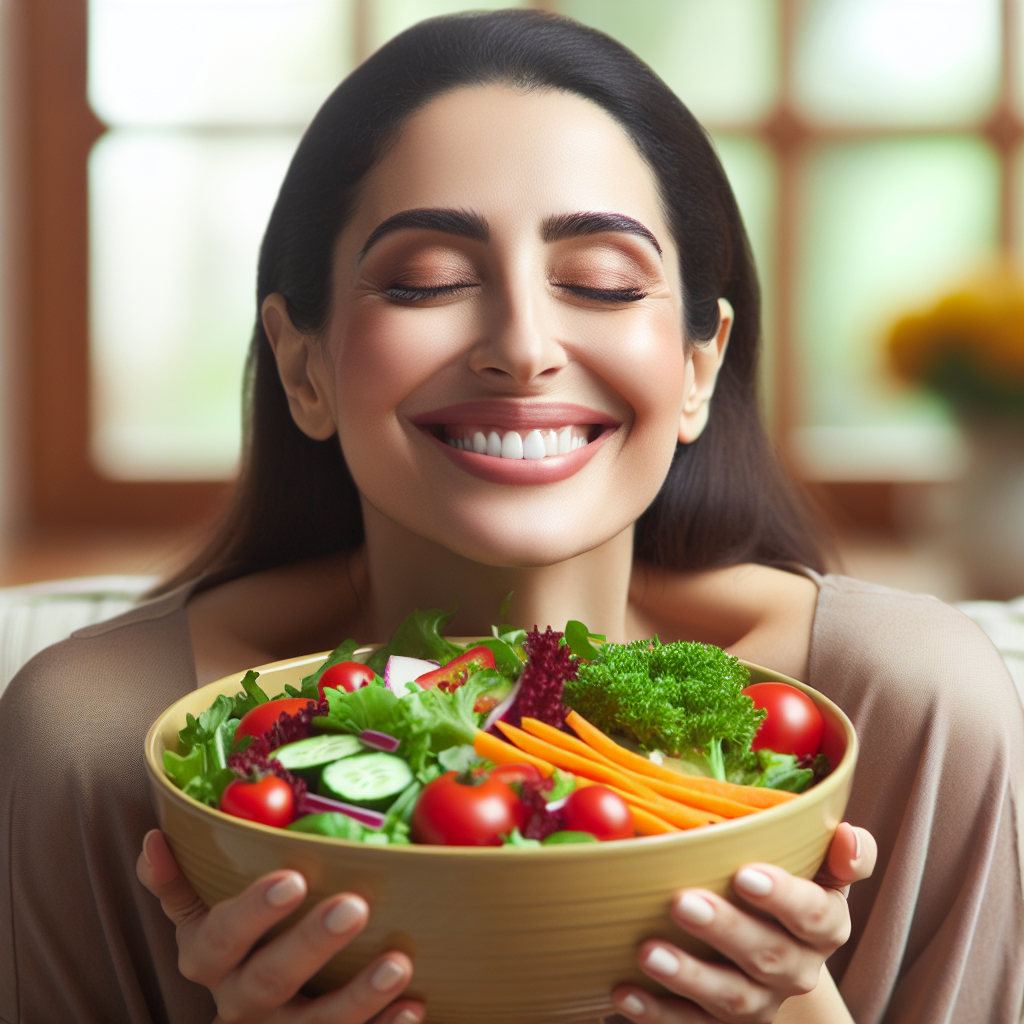 A person smiling contentedly while enjoying a vibrant, healthy meal, such as a large salad bowl filled with fresh vegetables, lean protein, and healthy grains. The person looks genuinely satisfied and nourished, not deprived or hungry. The setting is bright and inviting, emphasizing a positive and sustainable approach to weight loss, with a feeling of fullness and well-being.