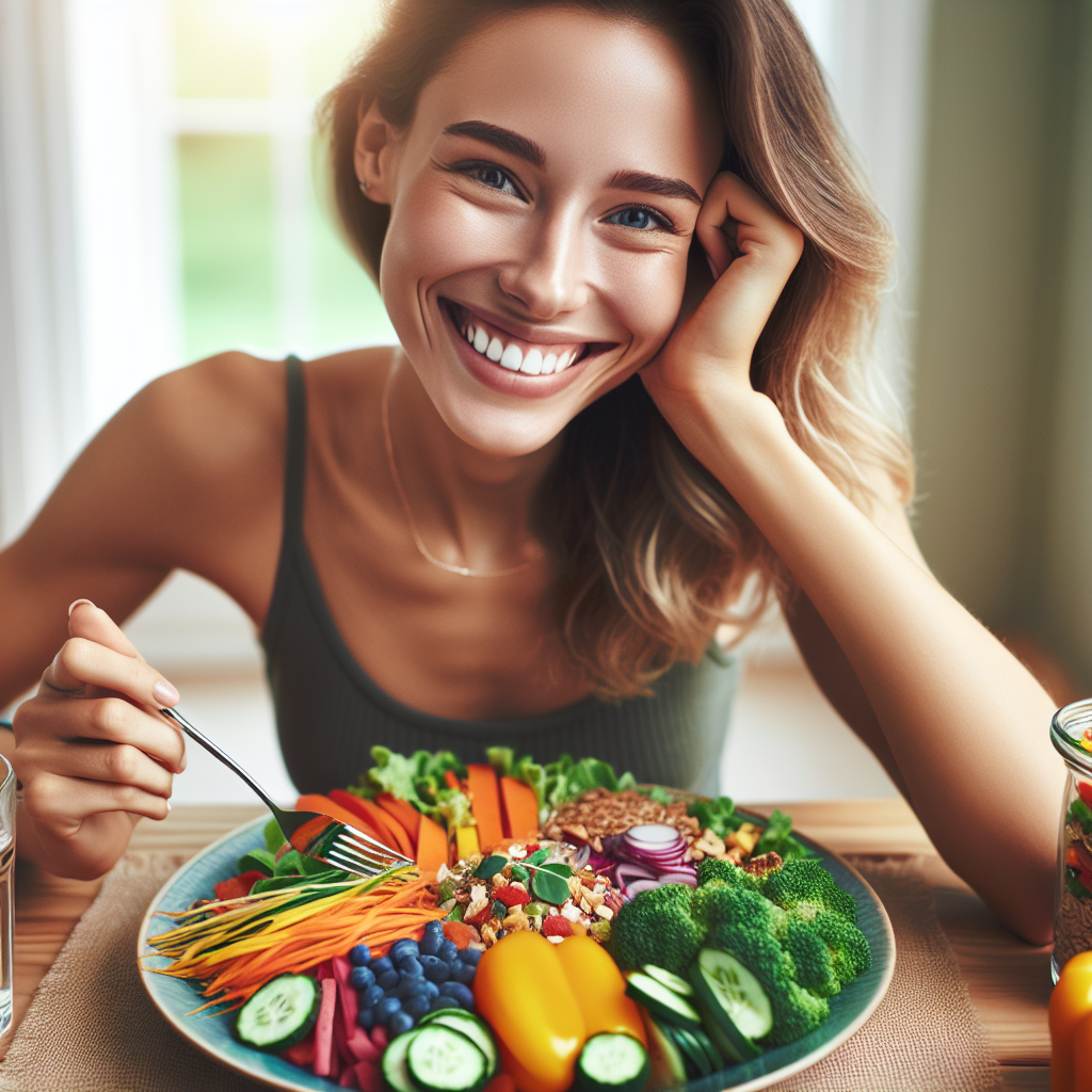 A happy, healthy, and fit person (implied 'Benni'), smiling genuinely as they enjoy a vibrant, abundant, and delicious meal on a table. The meal consists of colorful fresh vegetables, lean protein, and whole grains, making the person look completely satisfied and content, not hungry. The scene conveys a sense of well-being, sustainable healthy living, and the joy of eating without deprivation. Bright, inviting, and photorealistic style.