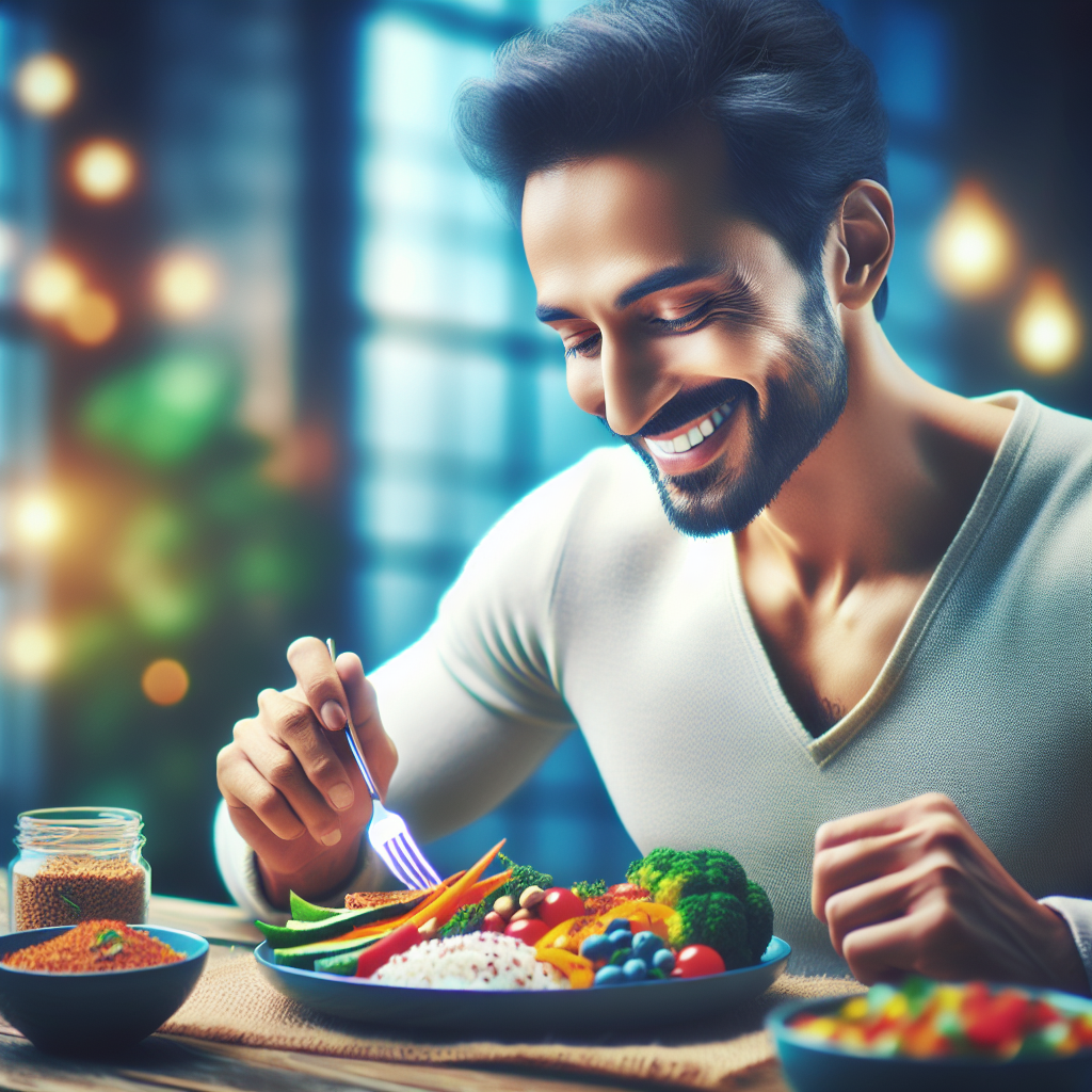 A vibrant, inviting image of a healthy, happy person smiling gently as they enjoy a delicious and satisfying meal. The plate is abundant with colorful, nutrient-rich foods such as fresh vegetables, whole grains, and lean protein, visually emphasizing fullness and enjoyment rather than restriction. The setting is bright and relaxed, conveying a feeling of well-being, nourishment, and a sustainable approach to weight loss without hunger or deprivation. Studio lighting, high quality.