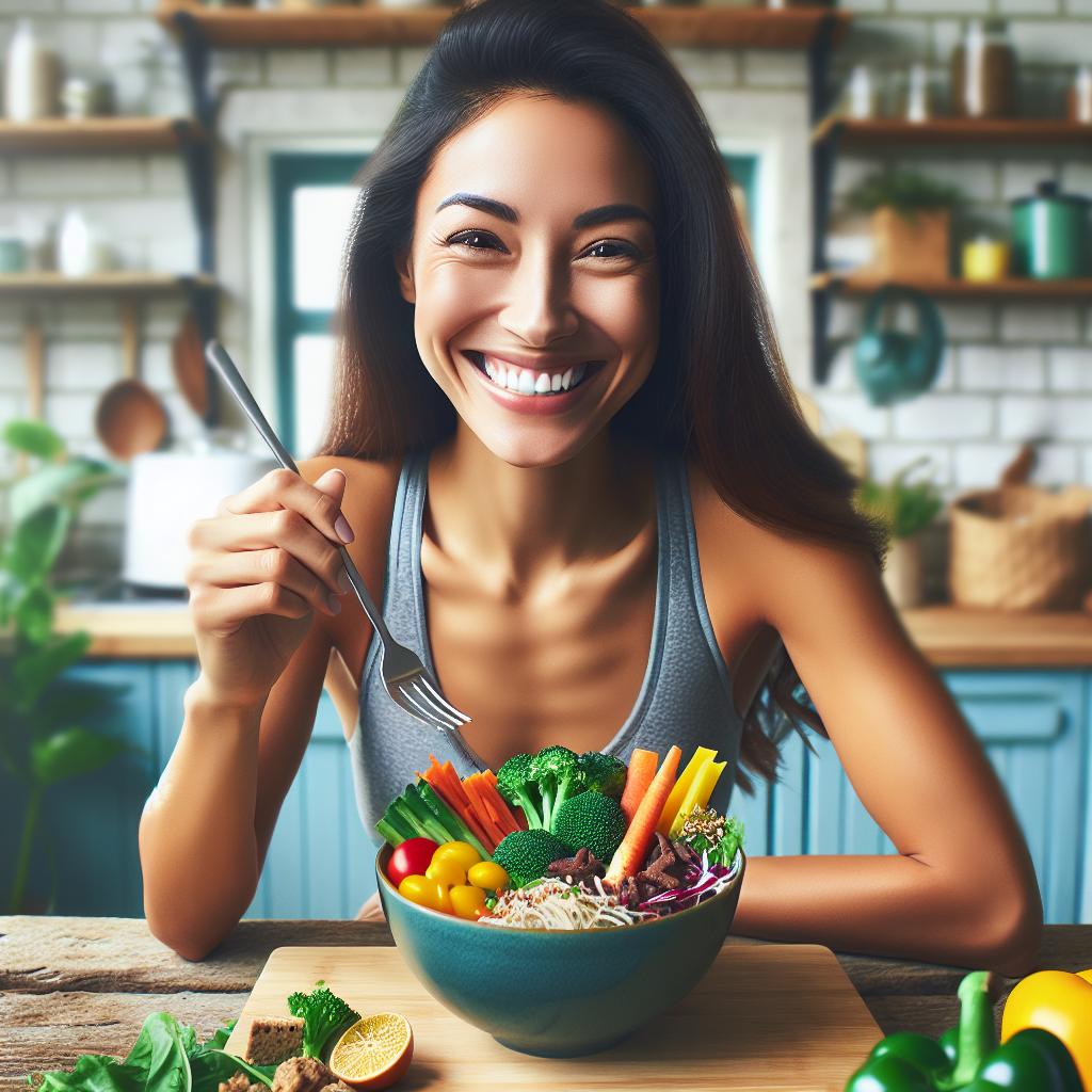 A happy, fit woman smiling as she enjoys a vibrant, abundant, and healthy meal composed of colorful vegetables, lean protein, and whole grains. The scene emphasizes satisfaction and enjoyment, not restriction or hunger, set in a bright, modern kitchen or dining area. The overall mood is positive and energetic, reflecting a sustainable lifestyle. Realistic, high-quality photograph.