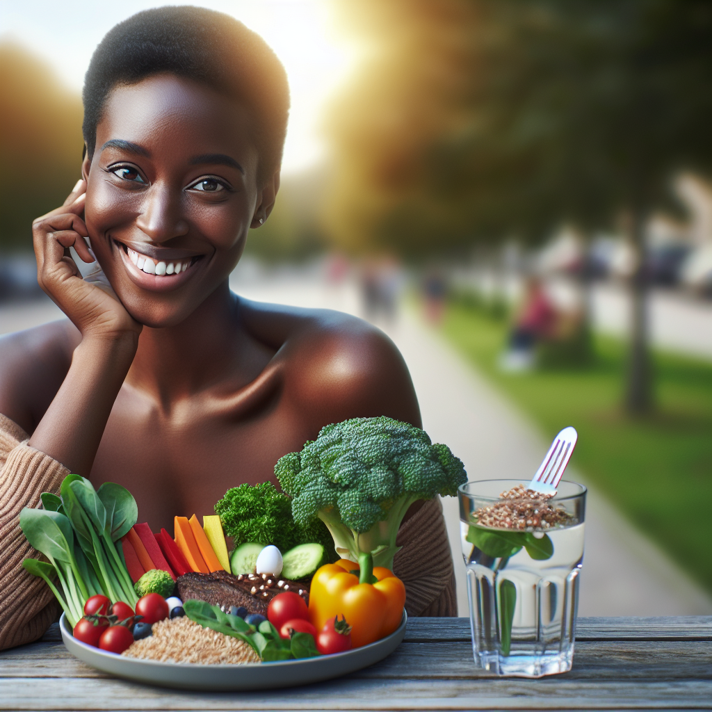 A vibrant, optimistic image depicting a happy, healthy person enjoying a delicious and balanced meal with colorful vegetables, whole grains, and lean protein. The person has a genuine, satisfied smile, emphasizing freedom from hunger. In the background, subtle elements suggest an active and sustainable lifestyle, like a blurred path for walking or a peaceful park. The overall mood is one of lasting well-being and effortless health, symbolizing weight loss without the yo-yo effect. Realistic photo, bright and inviting atmosphere.