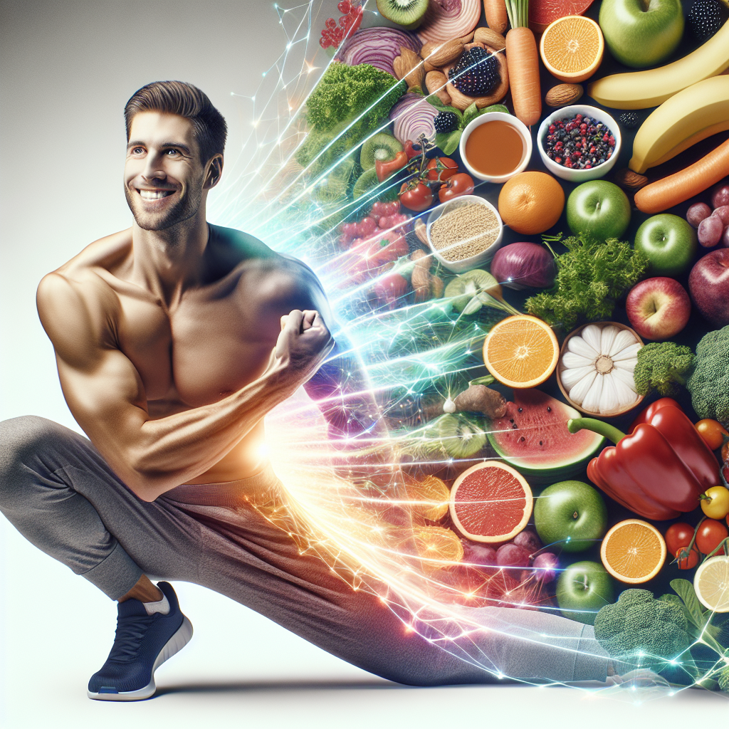 A vibrant, healthy person with a fit physique, smiling confidently while engaging in a light, active movement (e.g., stretching or walking). Surrounding them are visually appealing, fresh, healthy foods like colorful vegetables, fruits, lean protein, and healthy fats, arranged artfully. A subtle, dynamic visual representation of an active and efficient metabolism, like glowing energy lines or smoothly turning gears, is integrated into the scene. The overall atmosphere is bright, optimistic, and energetic, conveying sustainable health and vitality, not deprivation. Realistic style, modern aesthetic.