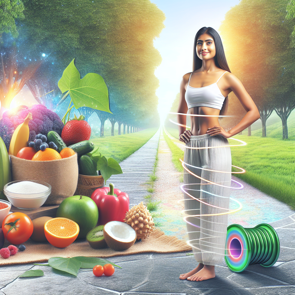 An inspiring visual of a person with a balanced and healthy physique, smiling confidently while standing on a steady, solid ground. Around them, fresh, vibrant fruits and vegetables, and a calm, clear path stretching into the distance. A broken or untangled yo-yo lies gently to the side, symbolizing the successful avoidance of the yo-yo effect and embracing lasting well-being. The atmosphere is one of peace, sustained health, and contentment, in a bright, inviting style.