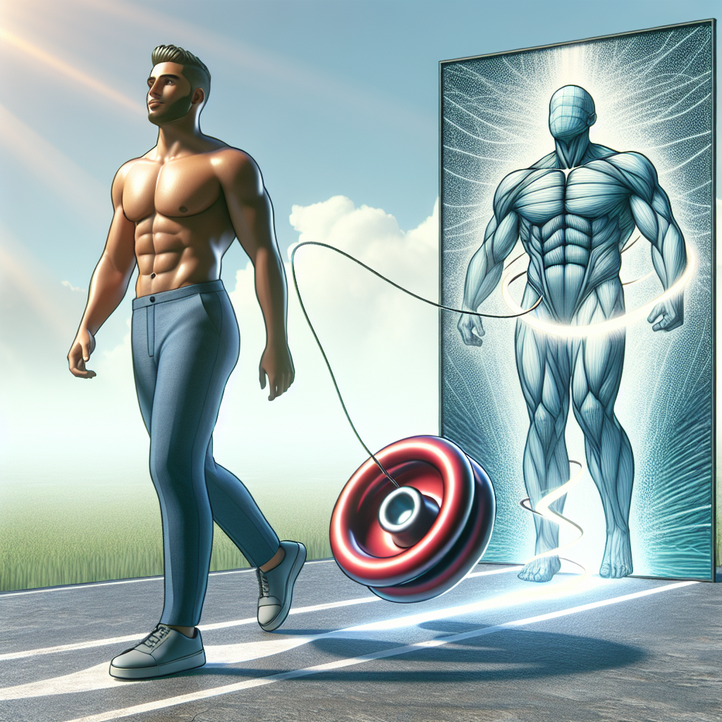 A symbolic image representing freedom from the yo-yo effect. A healthy, confident person with a balanced physique is gracefully walking on a stable, clear path. Behind them, a stylized yo-yo with a broken or untangled string lies discarded, symbolizing the end of frustrating weight fluctuations. The scene is bright and optimistic, conveying long-term well-being and a permanent healthy lifestyle, rendered in a clean, modern illustration style.