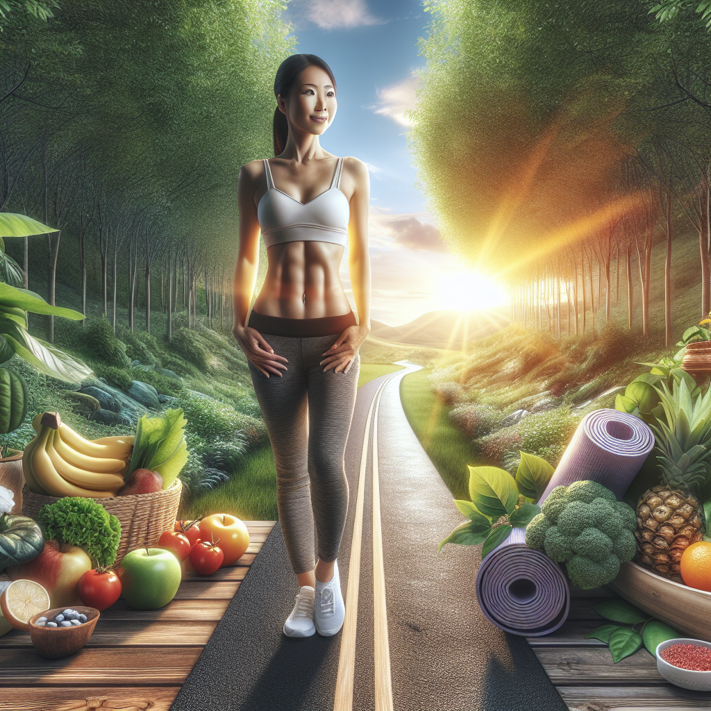A person with a healthy, fit physique, radiating confidence and well-being, stands on a calm, stable path that stretches into a bright, optimistic horizon. Surrounding them are elements of a balanced lifestyle: vibrant fresh fruits and vegetables, and subtle cues of enjoyable, light physical activity like a yoga mat or walking shoes. The overall mood emphasizes long-term health, consistency, and a sense of peaceful permanence, without any visual suggestion of struggle or fluctuation. Realistic, natural lighting.