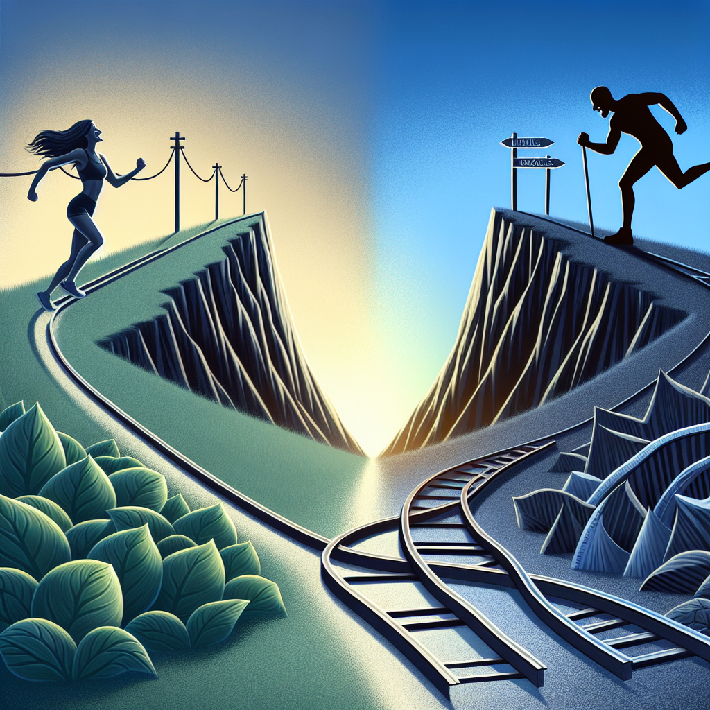 A conceptual illustration depicting two contrasting paths for weight management. One path is smooth, gently curving downwards to reach a stable, healthy plateau, illuminated and clear, symbolizing sustainable weight loss and long-term health maintenance, with a happy, confident silhouette walking on it. The other path is erratic, a sharp zig-zag line going abruptly up and down like a yo-yo, dark and confusing, representing the yo-yo effect of quick diets and weight regain, with a frustrated silhouette struggling on it. The overall mood should be empowering, focusing on the benefits of the steady, sustainable approach. Digital art, clear visual distinction, subtle elements of balanced nutrition and gentle movement near the stable path.