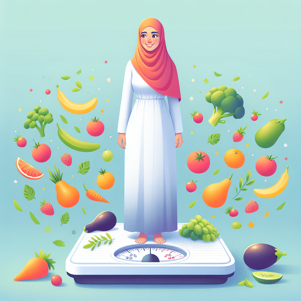 A person confidently standing on a perfectly balanced weight scale, looking fit and happy, surrounded by fresh, vibrant fruits and vegetables, with a tranquil and stable aura, symbolizing sustainable weight loss without the yo-yo effect. Healthy lifestyle, bright colors, digital illustration.