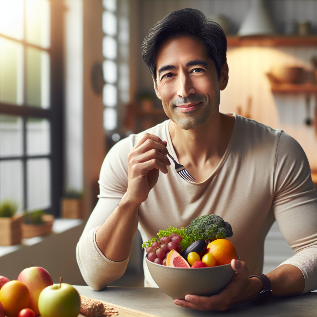 A serene and happy person, possibly in their 30s or 40s, enjoying a vibrant, healthy meal made of fresh fruits, colorful vegetables, and whole grains. The person has a relaxed smile, perhaps taking a mindful bite, in a bright, modern kitchen or a cozy dining setting. The image should convey a sense of ease, naturalness, and well-being, emphasizing relaxed weight loss without stress. No calorie counters, scales, or explicit numbers should be visible. Soft, natural lighting, realistic style.