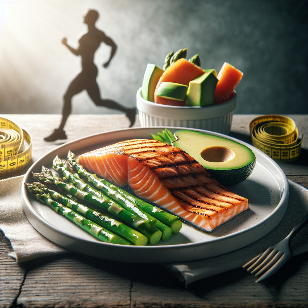 A vibrant, appetizing low-carb meal on a clean white plate, featuring a perfectly grilled salmon fillet, fresh green asparagus, and sliced avocado. In the background, subtly out of focus, a measuring tape or a silhouette of a person looking fit and energetic. Bright, natural light, high-quality food photography style, symbolizing healthy weight loss and the absence of high-carb foods.