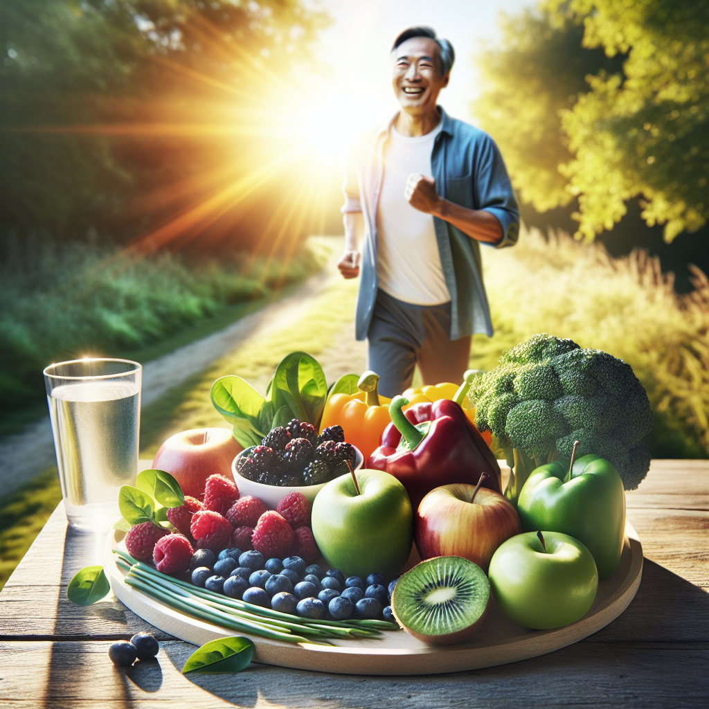 A vibrant and uplifting image depicting a person joyfully walking or light jogging on a sunny nature path, with a collection of fresh, colorful fruits (like apples, berries) and vegetables (like bell peppers, spinach), along with a clear glass of water, artfully arranged on a simple wooden surface or picnic blanket in the foreground. The scene emphasizes natural well-being, simplicity, and a healthy lifestyle achieved through free and accessible choices, with warm, inviting natural light. Realistic, high-quality photograph style.