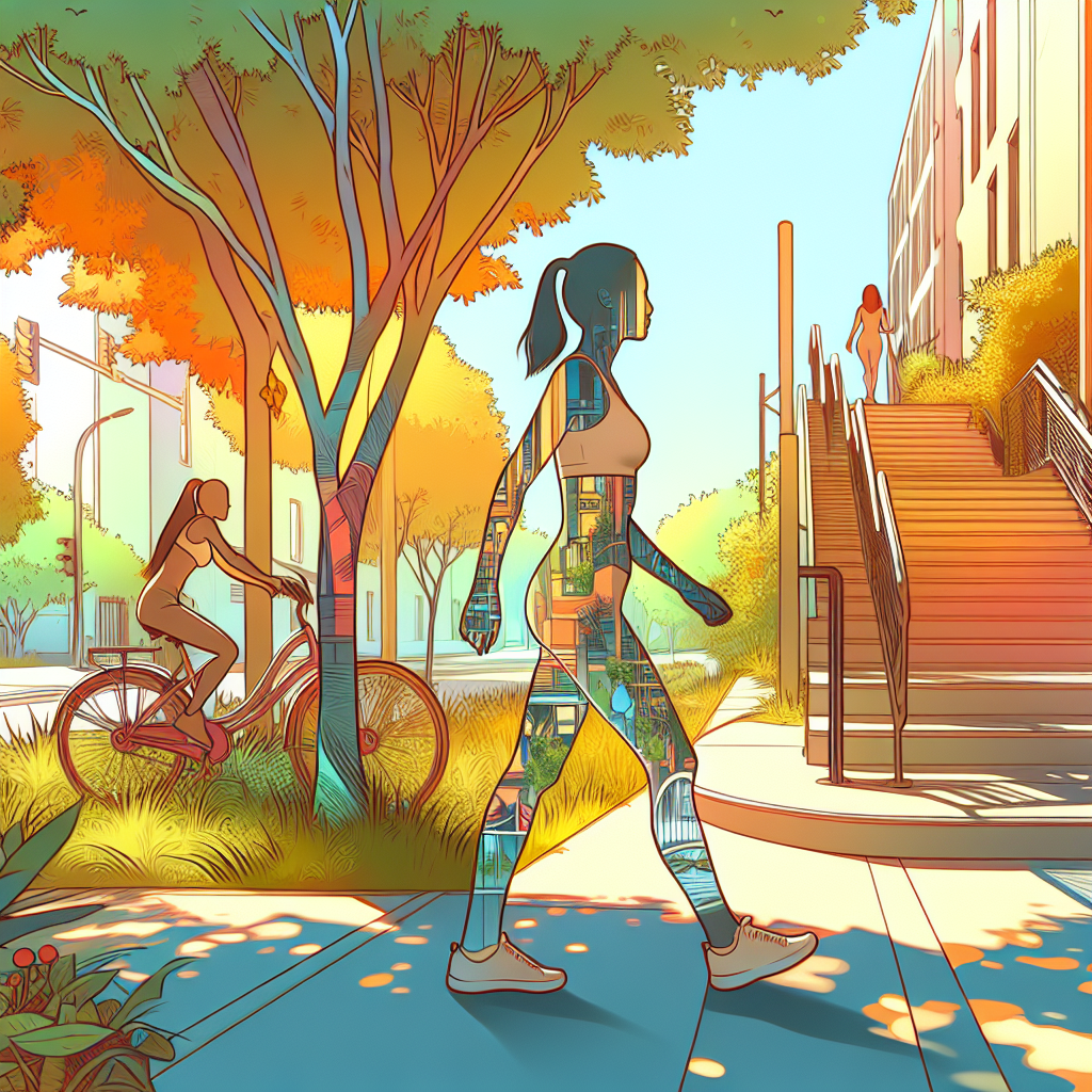 A vibrant, clean DALL-E style image showing a happy person enjoying light, everyday physical activity outdoors, emphasizing weight loss without strenuous gym workouts. They could be walking briskly in a sunny park, cycling leisurely through a neighborhood, or taking stairs, with no gym equipment in sight. The scene should evoke a sense of ease, health, and natural movement.
