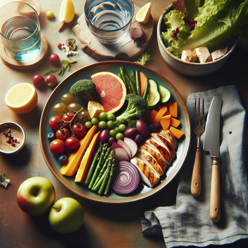 A beautifully composed DALL-E image showcasing a colorful and appetizing spread of healthy food. Focus on fresh vegetables, vibrant fruits, lean protein sources (like grilled chicken or fish), and a refreshing glass of water. The setting should feel inviting and emphasize wholesome, satisfying meals for weight loss without deprivation, reflecting the importance of nutrition.