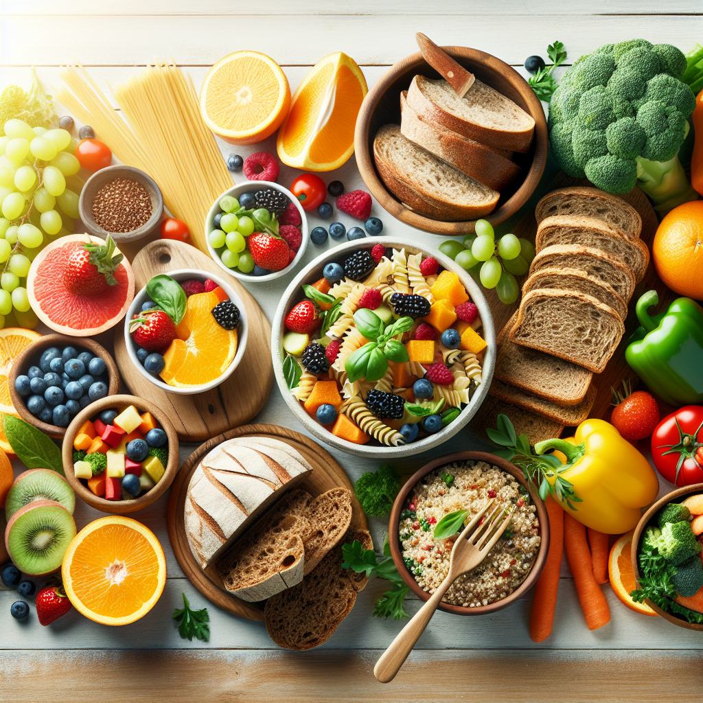 A vibrant, inviting flat lay of diverse, healthy carbohydrate-rich foods: a bowl of colorful fresh fruits (berries, sliced oranges, grapes), slices of rustic whole-grain bread, a generous portion of cooked whole-wheat pasta with fresh herbs and vegetables, a small bowl of quinoa, and various vibrant vegetables like bell peppers, broccoli florets, and sweet potatoes. The composition feels abundant and delicious, set on a light wooden table with bright, natural lighting, emphasizing 'eating well to be well' without restriction. The style is realistic and appetizing, perfect for a health blog.