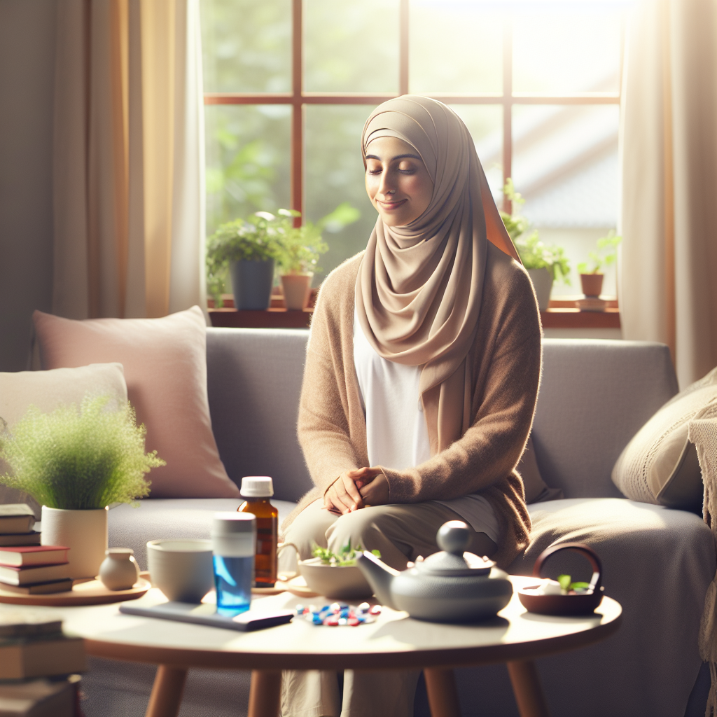 A calm, happy person in a comfortable home setting, looking healthy and relaxed, enjoying a natural, simple moment. No gym equipment, sports gear, or medicine bottles are visible. The scene evokes sustainable well-being through lifestyle changes, with soft, natural lighting and an emphasis on ease and contentment.