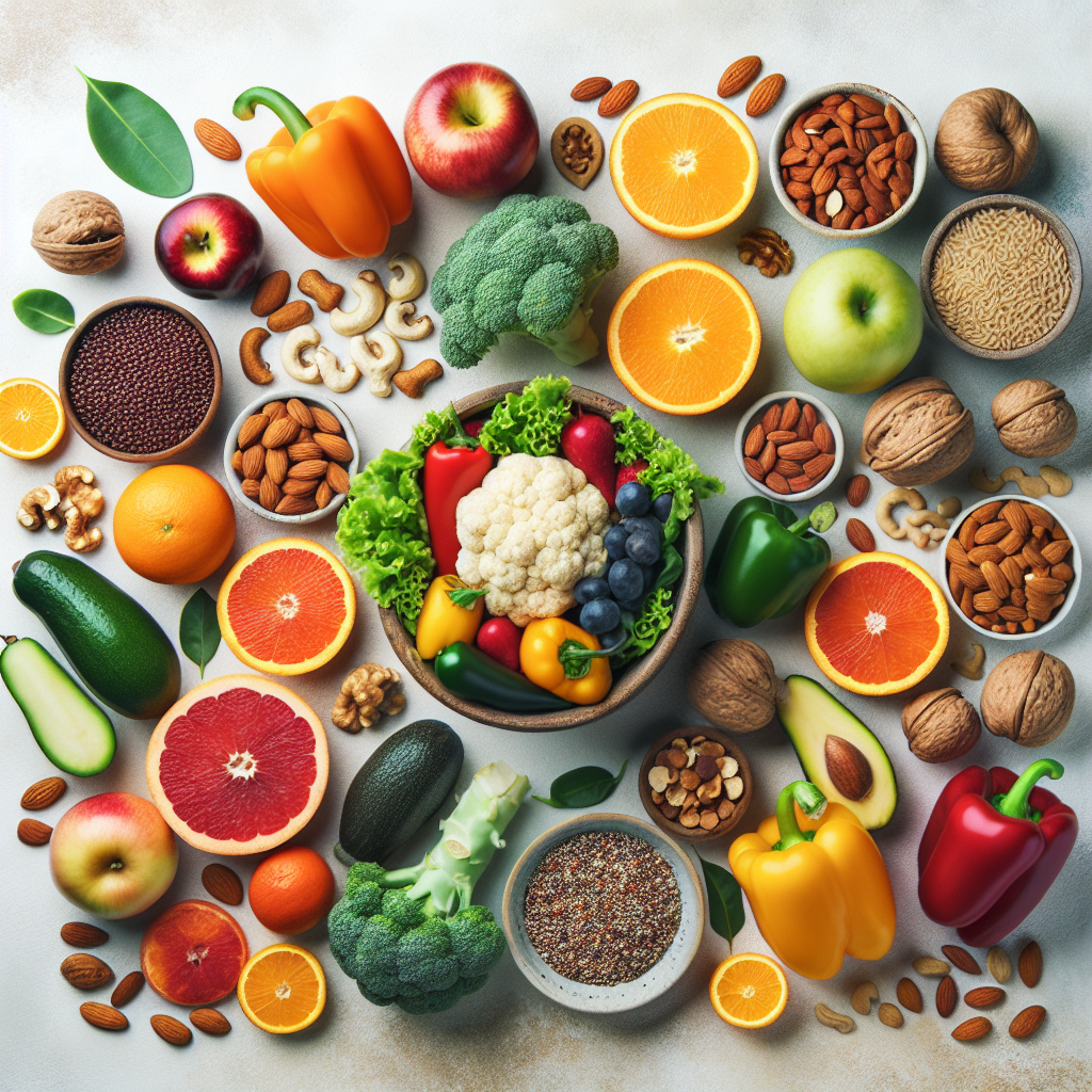 An aesthetically pleasing flat lay of various healthy and colorful foods like fresh fruits, vegetables, nuts, and whole grains, arranged artfully on a light background. The image conveys nourishment, abundance, and mindful eating as the key to sustainable weight loss, without showing calorie counting or restrictive elements. Focus on natural, unprocessed ingredients.
