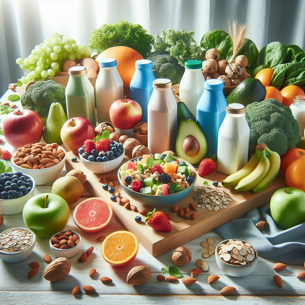 A vibrant and appealing spread of dairy-free, healthy foods arranged artfully on a light wooden table. Include fresh fruits (like berries, citrus, apples), crisp green vegetables (like spinach, broccoli, avocado), nuts, seeds, and stylish cartons of plant-based milk alternatives (almond, oat, soy). The overall scene should evoke health, freshness, and a feeling of lightness and vitality, symbolizing a successful journey to weight loss without dairy. Bright, natural lighting with a clean aesthetic.