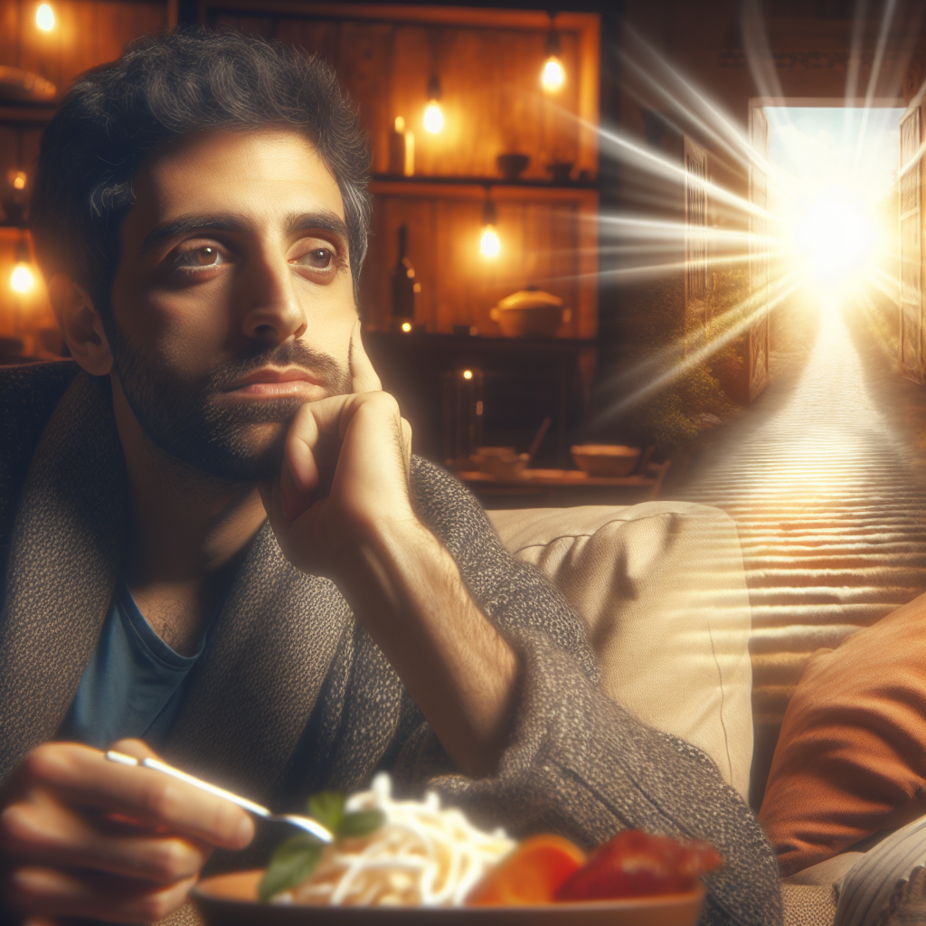A contemplative person sitting on a comfortable couch in a cozy, slightly muted living room, looking thoughtful and unmotivated, but with a subtle, sunlit path or a healthy, fresh meal blurred in the background, hinting at a gentle, effortless way forward without active struggle. Soft, warm lighting, realistic style.