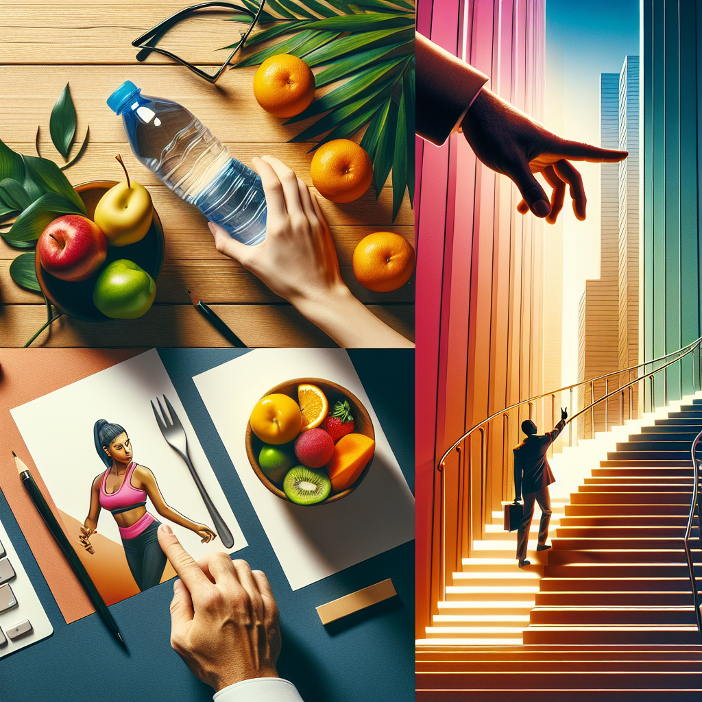 A bright, clean image depicting various small, effortless healthy habits seamlessly integrated into daily life: a hand reaching for a water bottle on a desk, a person choosing to walk up a brightly lit staircase, and a hand easily picking a piece of fresh fruit from a bowl. The overall scene feels natural, achievable, and devoid of grand effort, with modern, fresh colors.