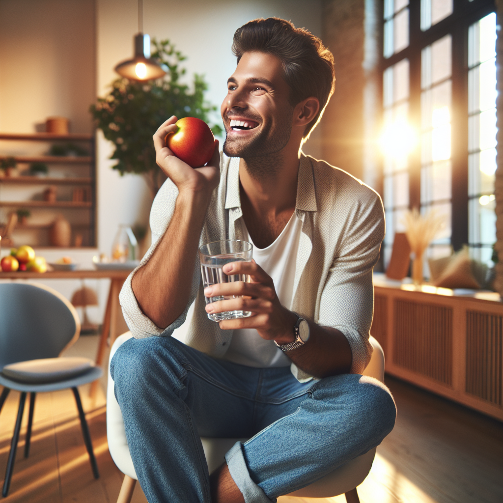 A happy, relaxed person effortlessly enjoying a moment in their day, perhaps sipping water or holding a piece of fruit, surrounded by a calm, inviting environment that suggests easy healthy living without deprivation. Soft, warm lighting, modern lifestyle photography.