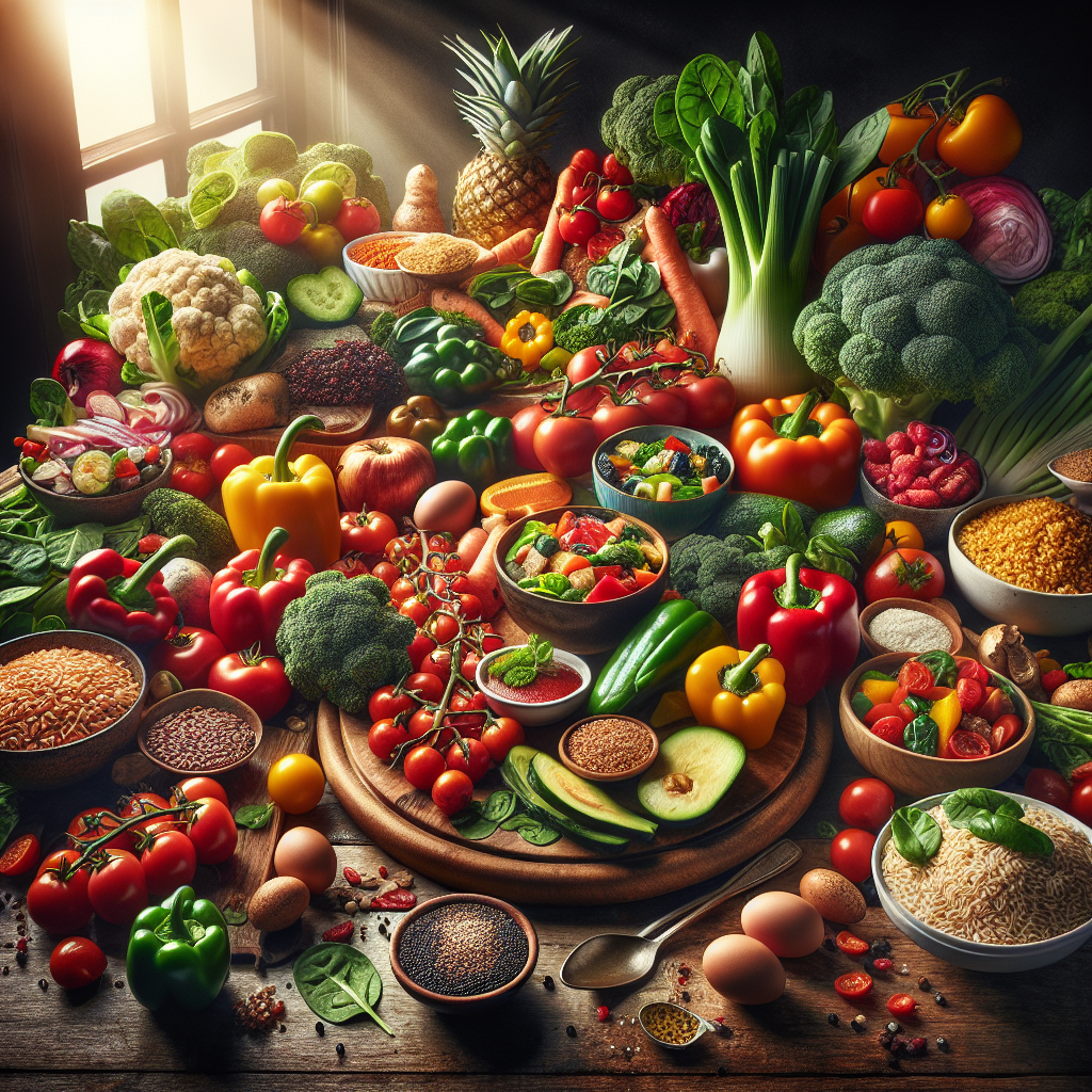 A vibrant, appetizing arrangement of colorful, satiating foods like fresh vegetables, whole grains, and lean protein, beautifully presented on a plate or cutting board, emphasizing deliciousness and healthy abundance, not scarcity. Bright, natural light, food photography style.