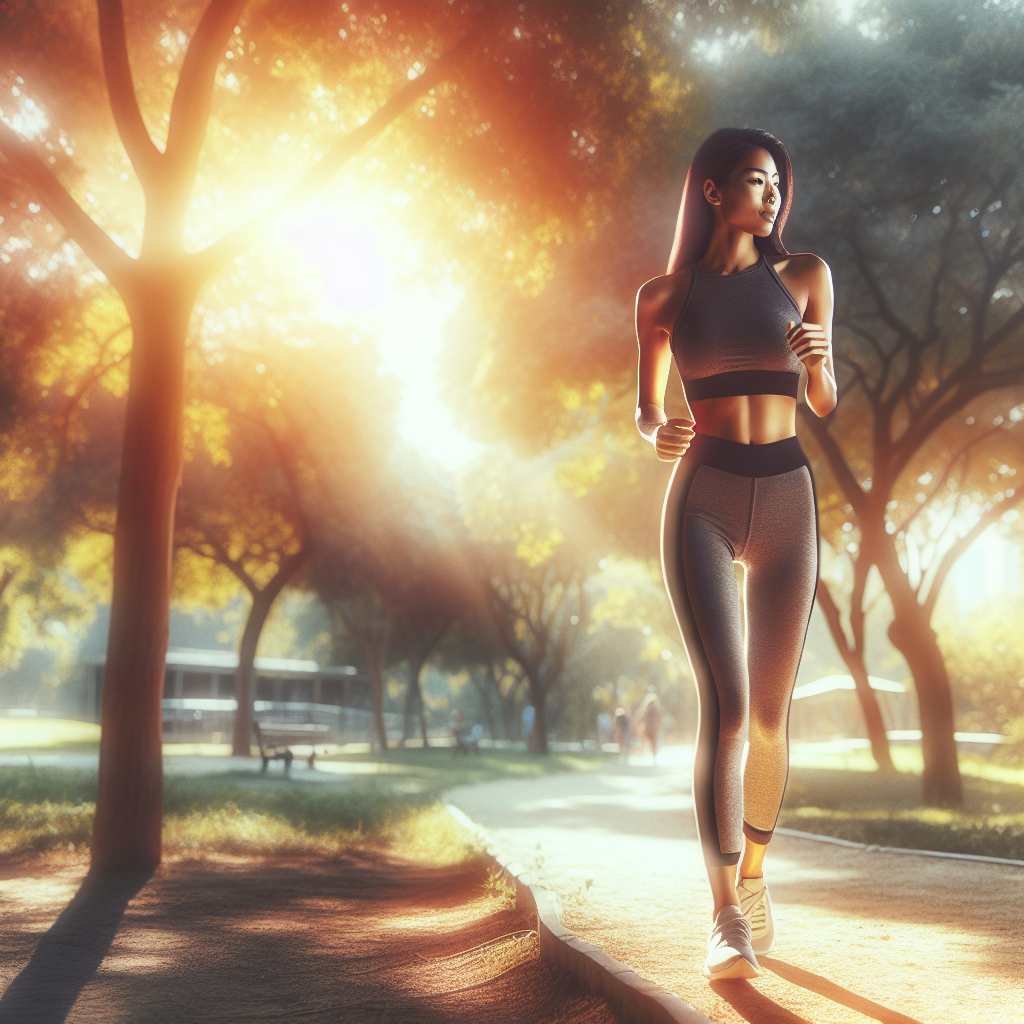A slender woman in comfortable activewear, gracefully walking along a scenic path in a sunlit park. Her physique is lean and natural, with no visible muscle bulk, emphasizing effortless movement and a healthy, slim silhouette. Soft focus background of trees and sunshine. Realistic photography style, bright and inviting.