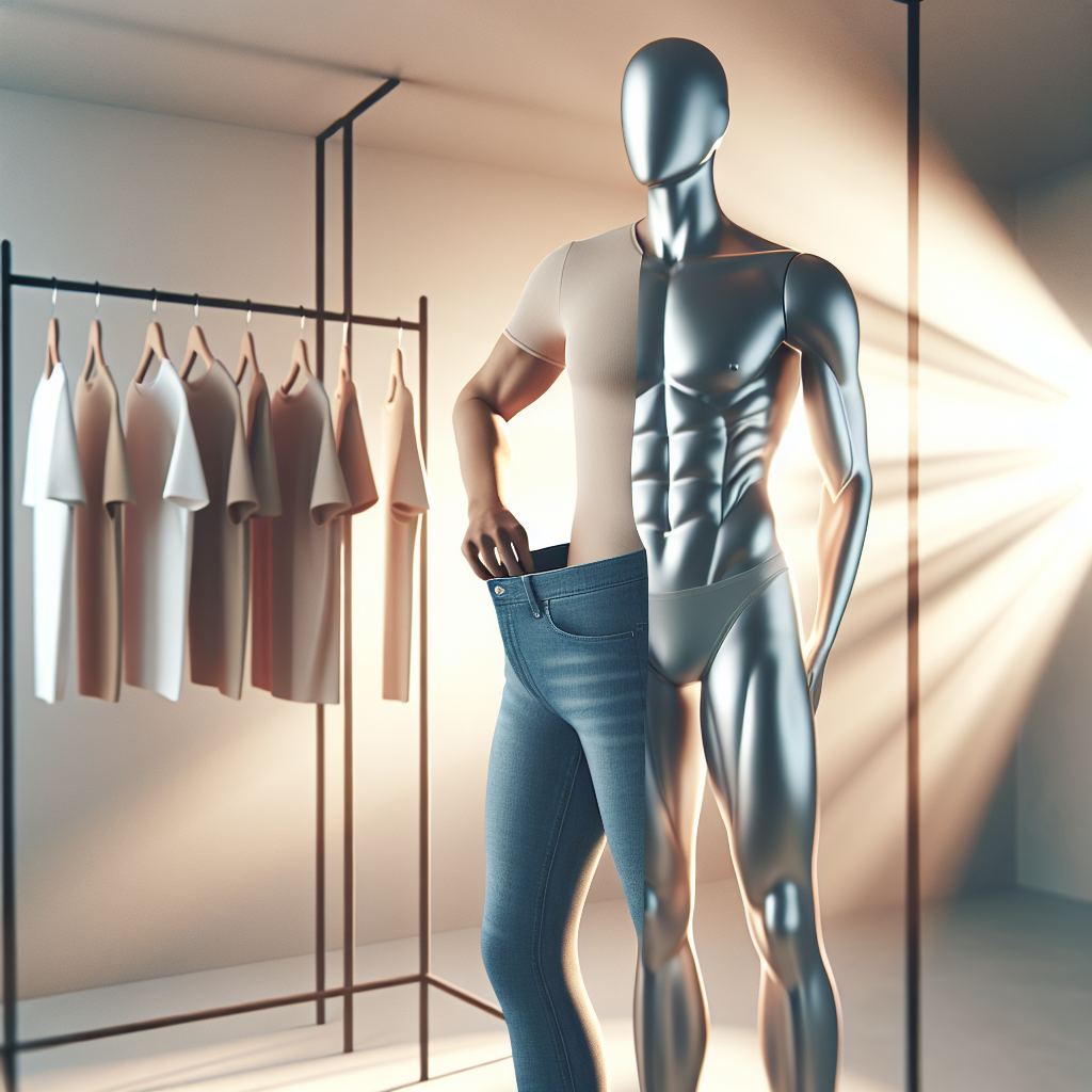 A happy person (gender-neutral) confidently trying on well-fitting, comfortable everyday clothes (like casual jeans and a simple t-shirt) in a bright, minimalist dressing room. The focus is on a slim, natural figure and the feeling of ease and confidence, without any hint of muscularity. Bright, clean, and inviting photo style.