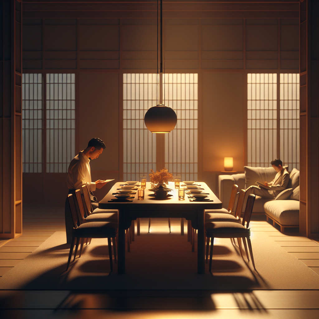 A peaceful evening scene depicting an empty, elegant dining table with no food or plates, softly lit by warm ambient light. In the background, a person is seen relaxing on a sofa, reading a book, appearing serene and content, symbolizing a light evening without dinner and the calm approach to weight loss. The overall atmosphere is tranquil and minimalist. Realistic photo style.