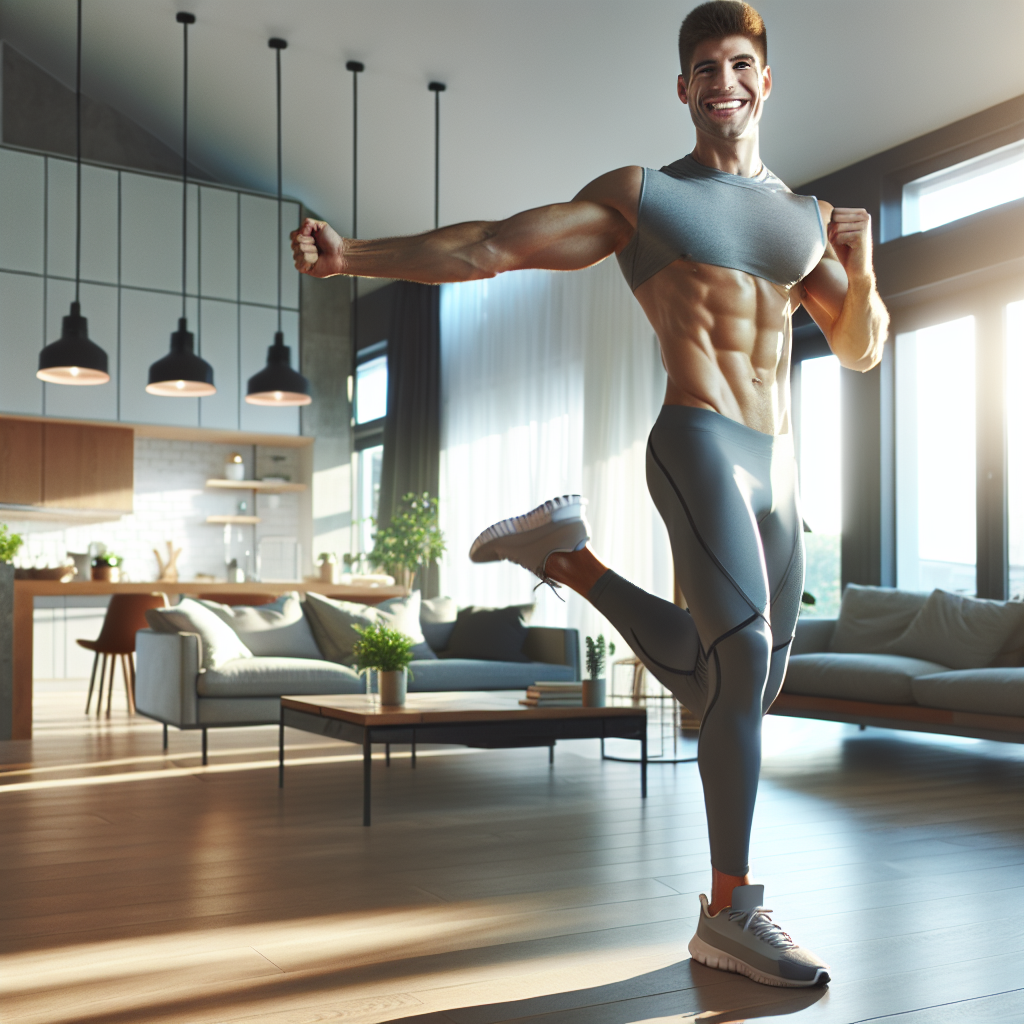 A person with a healthy, lean physique, confidently smiling and stretching in a bright, modern home environment. Their posture exudes energy and vitality, directly representing the positive outcomes of successful weight management and improved well-being from skipping dinner. The scene is clean, inspiring, and emphasizes a fresh start. Vibrant photographic style.