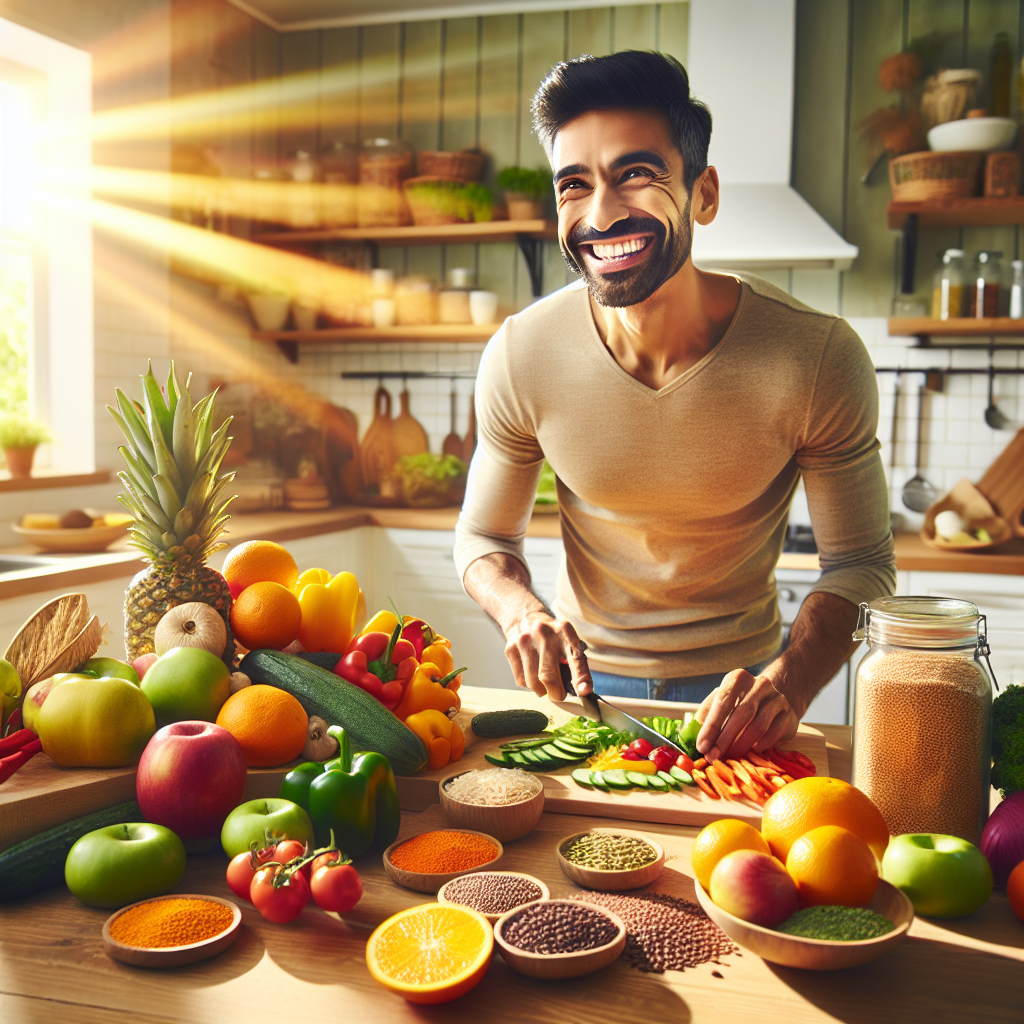 A person happily preparing a vibrant, colorful healthy meal in a bright, modern kitchen. The table is filled with fresh fruits, crisp vegetables, and whole foods. Sunlight streams through a window, emphasizing natural ingredients. The scene conveys well-being and a simple, natural approach to eating. No processed foods or diet products are visible.