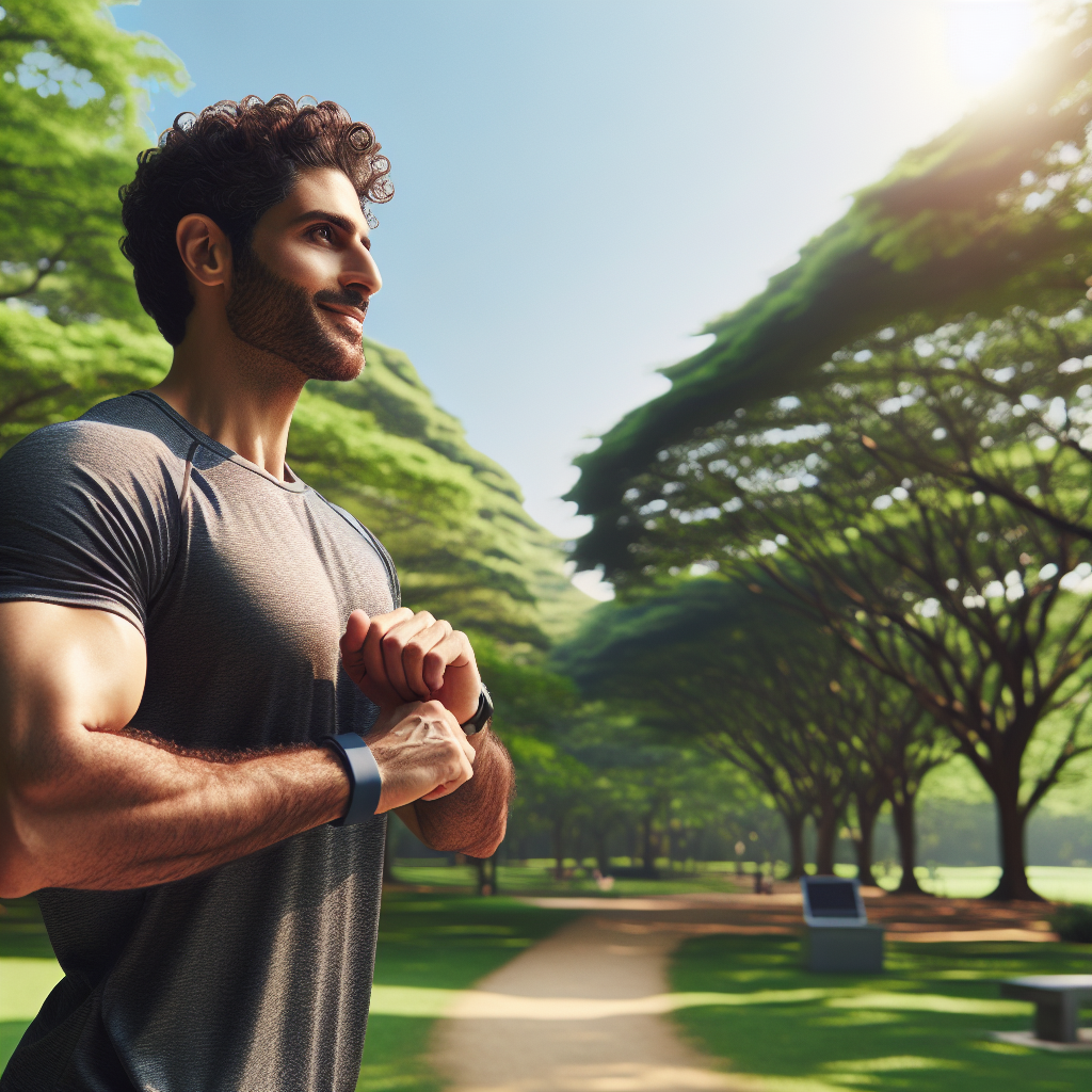 A person enjoying a serene walk or light stretching in a sunny, green park with lush trees and and a clear sky. The person appears relaxed, confident, and healthy, embodying an active, natural lifestyle. The scene emphasizes simple outdoor movement and overall well-being. No gym equipment or complicated sports gear is visible.