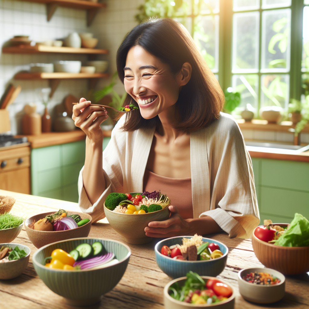 A happy, healthy person enjoying a vibrant, colorful meal in a bright, relaxed home setting, perhaps at a kitchen counter or a small table with natural light. The scene emphasizes mindful eating and contentment, with no visible diet charts, scales, or calorie counters. The overall atmosphere is calm, flexible, and natural.