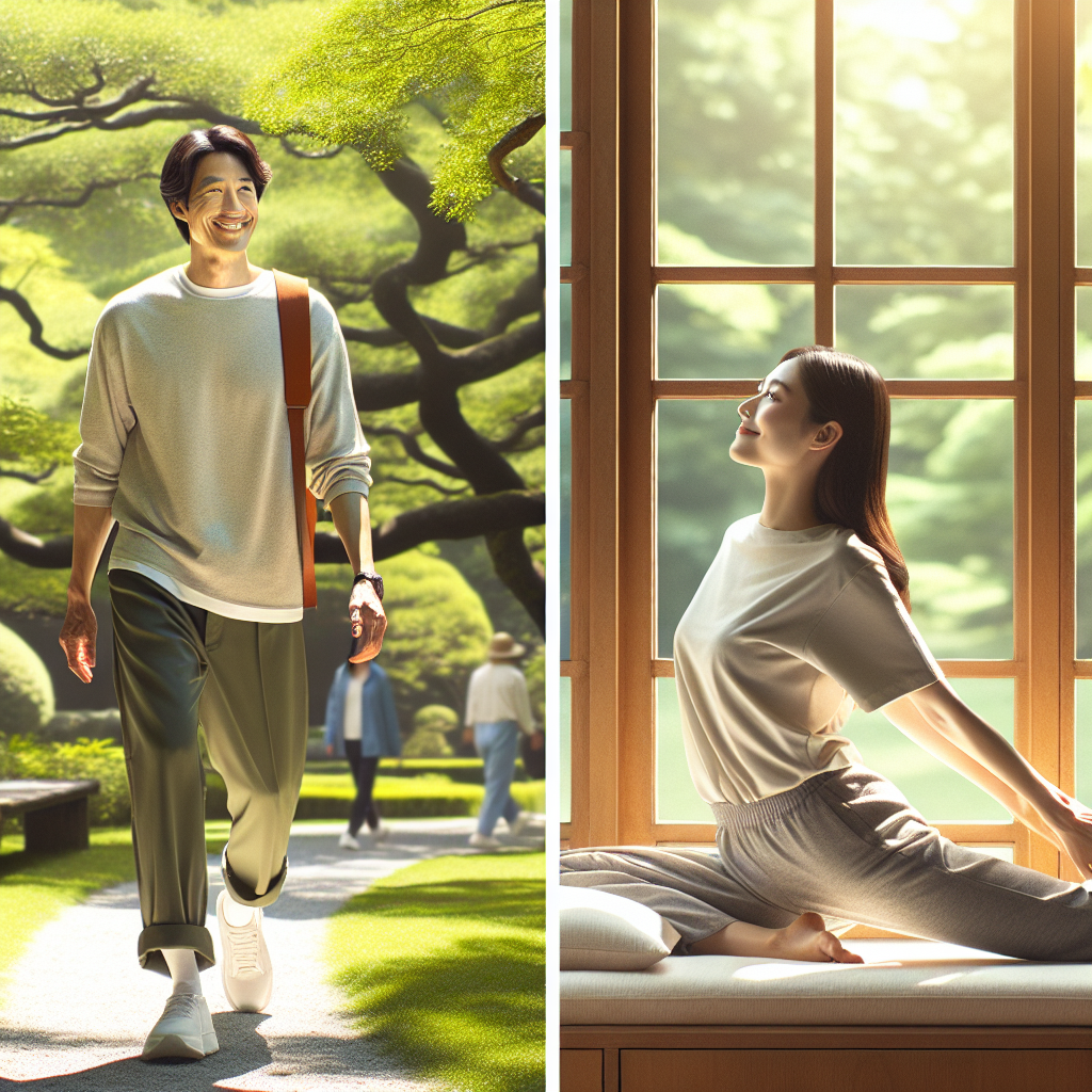 A person in comfortable, everyday clothes, smiling serenely while taking a leisurely walk in a beautiful, green park or stretching gently by a window with natural light. The image conveys ease, stress-free movement, and the integration of healthy activity into daily life, without any intense workout equipment or strict routine.