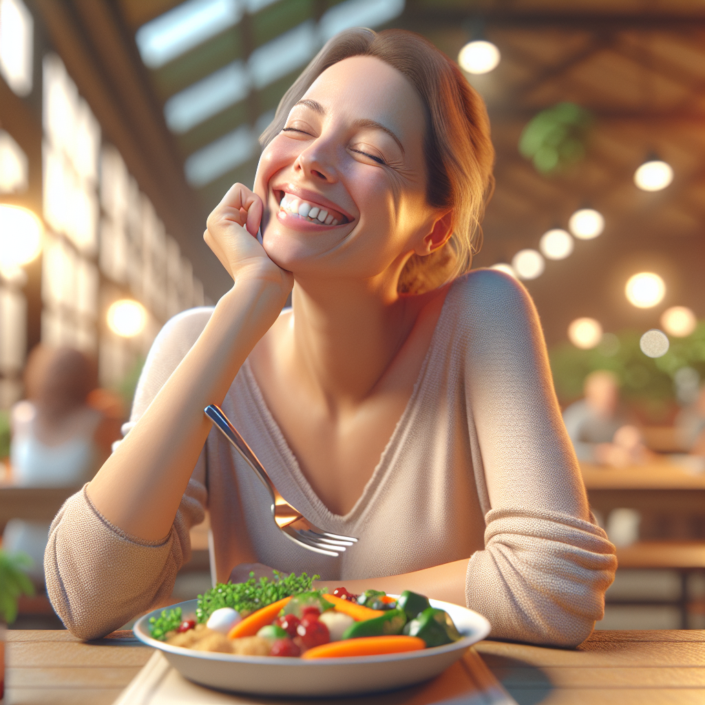 A happy, relaxed woman in her 30s enjoying a colorful, healthy and delicious meal at a bright table, smiling genuinely. The scene radiates well-being, ease, and mindful nourishment, without any hint of restriction or struggle. Soft, natural lighting, inviting atmosphere. Realistic photo.