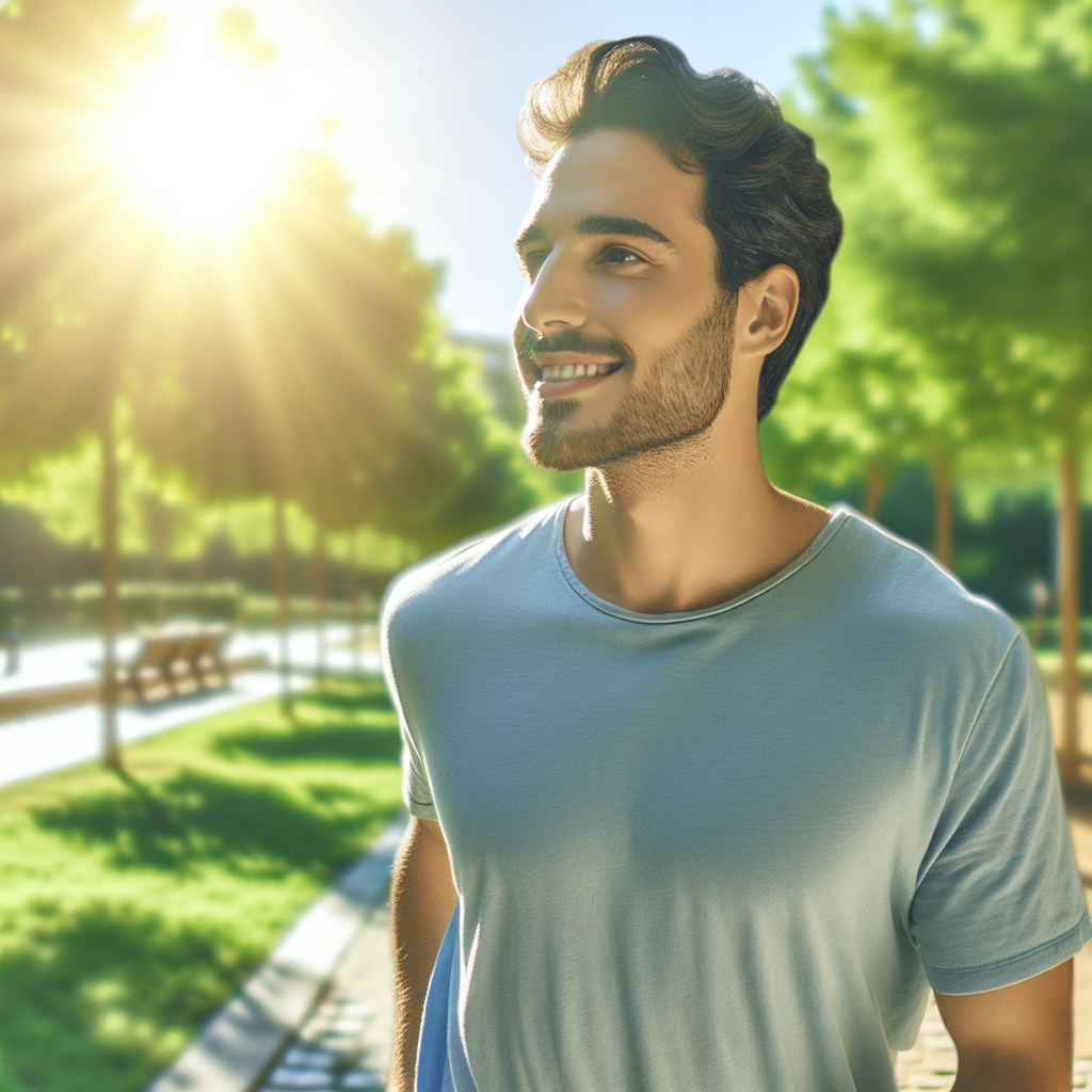 A serene person in their 30s casually walking through a sunlit park, looking joyful and at ease, embodying effortless integration of healthy habits into daily life. The image conveys sustainable well-being and gentle movement, not strenuous effort. Bright, optimistic colors, natural outdoor setting. Realistic photo.