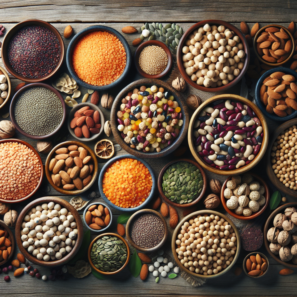 An artfully arranged flat lay of diverse, delicious soy-free protein sources on a rustic wooden table. Feature bowls of cooked lentils, chickpeas, and various beans, alongside piles of almonds, walnuts, and pumpkin seeds. Emphasize vibrant colors, natural textures, and a wholesome, abundant feel. Top-down view with soft, natural lighting.